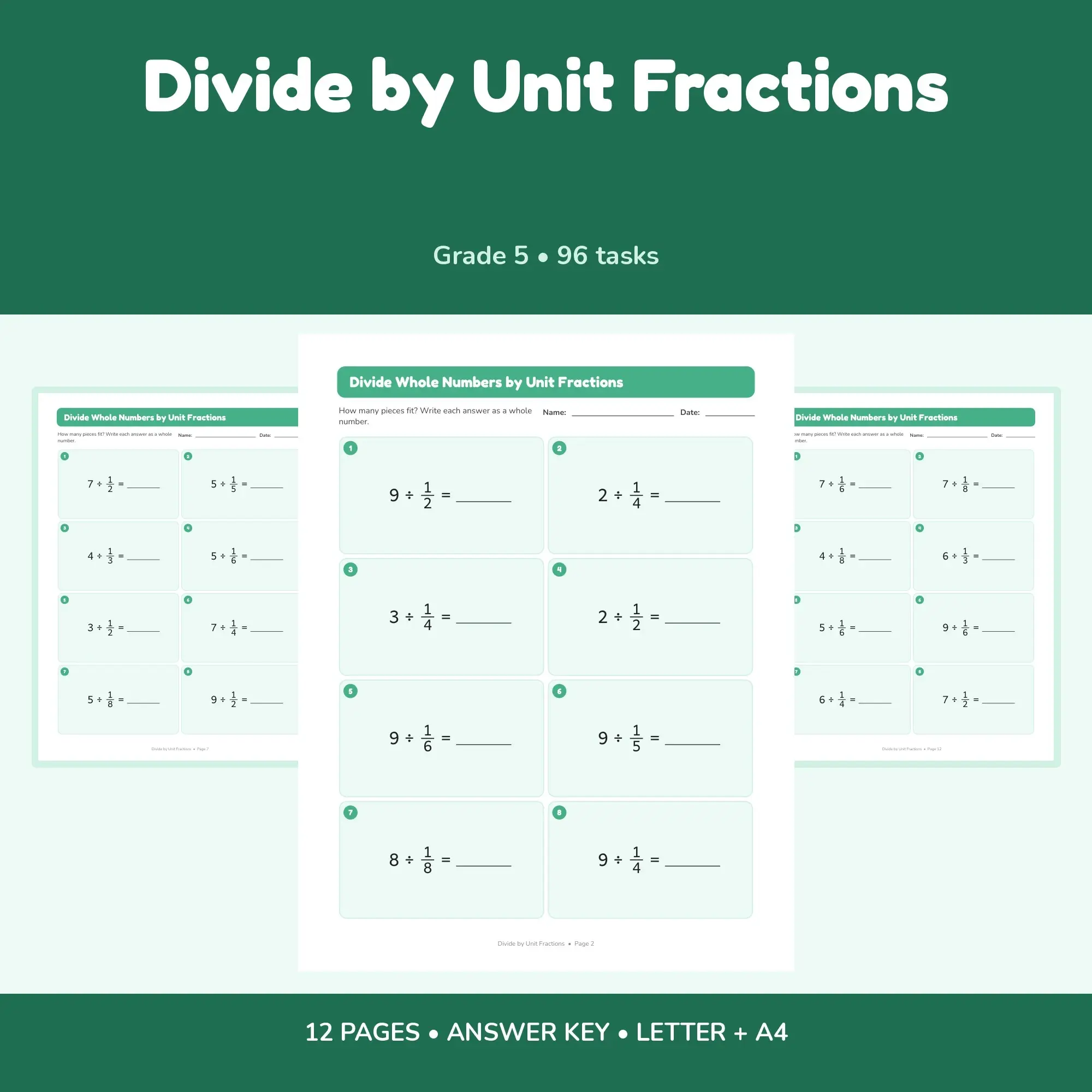 Divide by Unit Fractions - 12 Worksheets + Key preview
