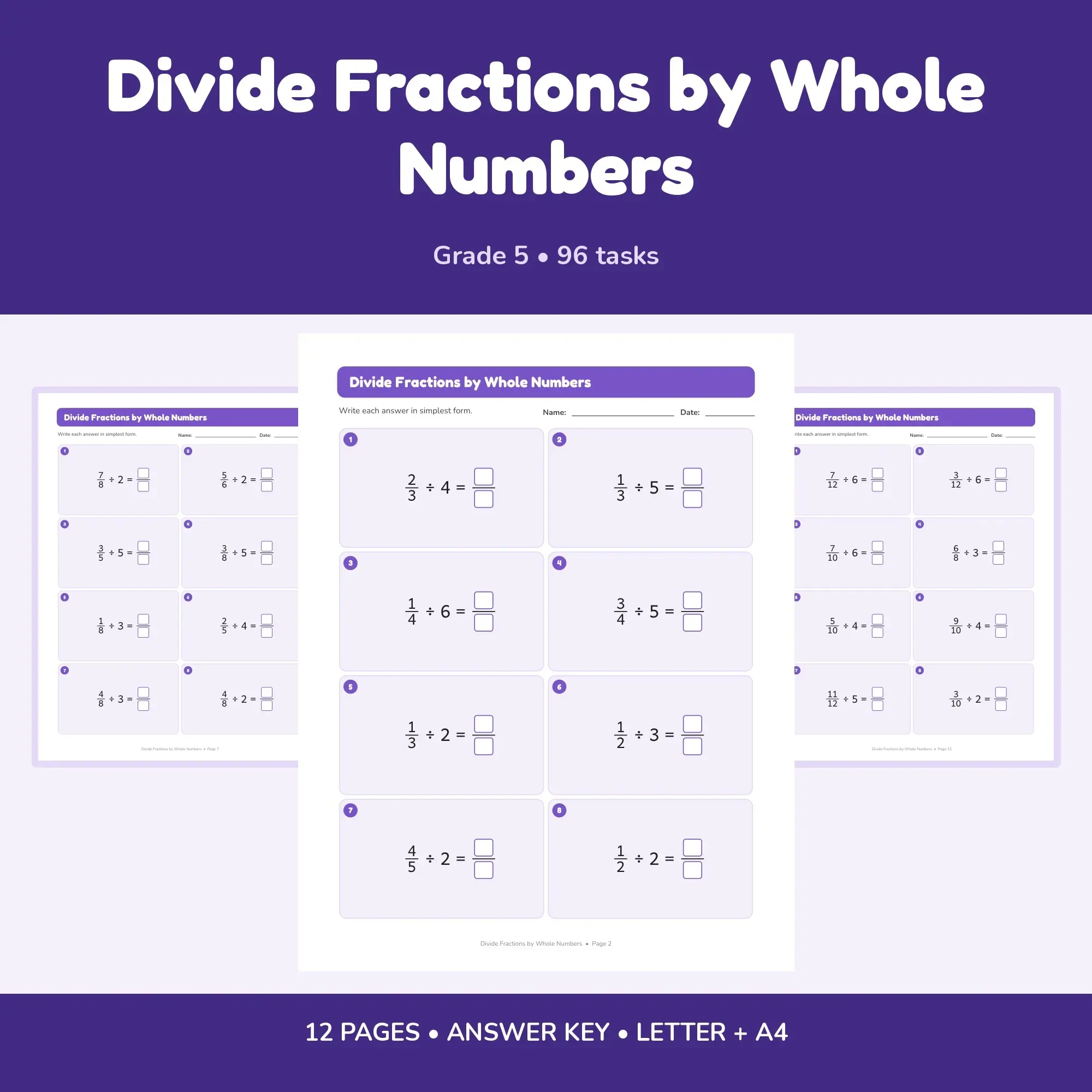 Divide Fractions by Whole Numbers - 12 Worksheets + Key preview