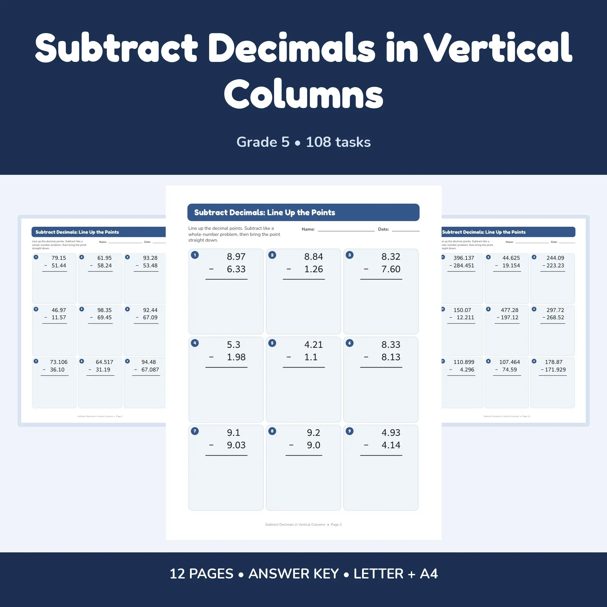 Subtract Decimals in Vertical Columns - 12 Worksheets + Key preview