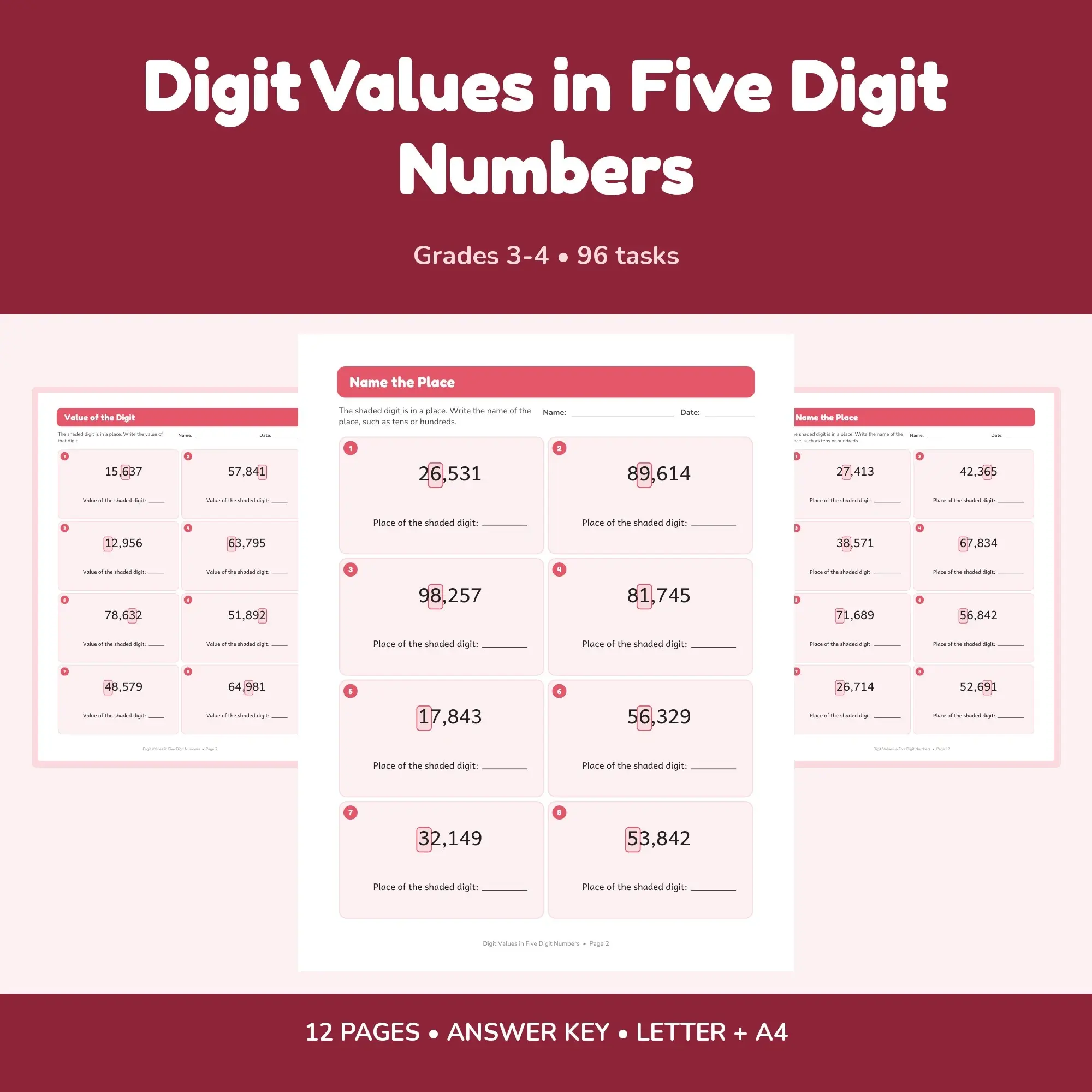 Digit Values in Five Digit Numbers - 12 Worksheets + Key preview