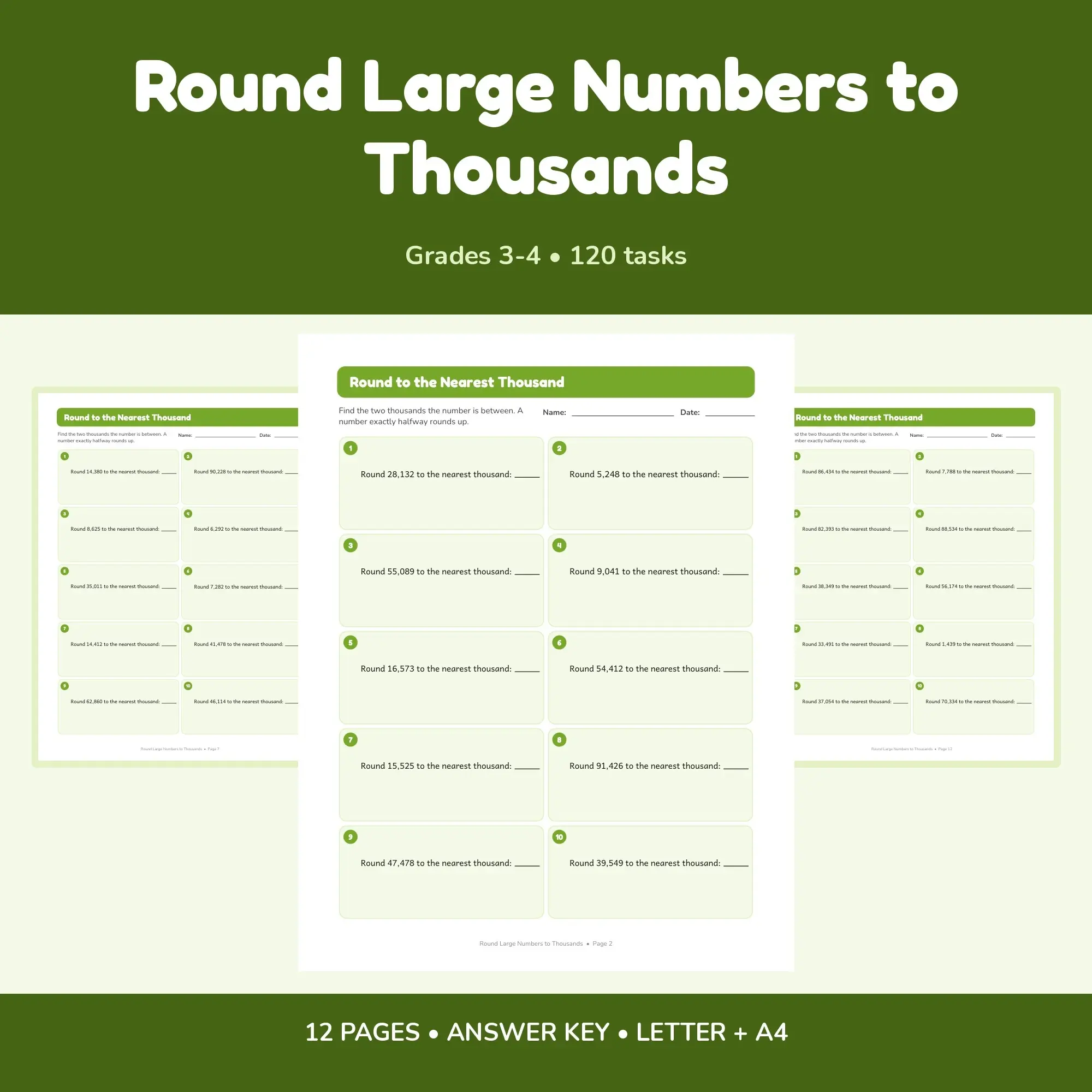 Round Large Numbers to Thousands - 12 Worksheets + Key preview