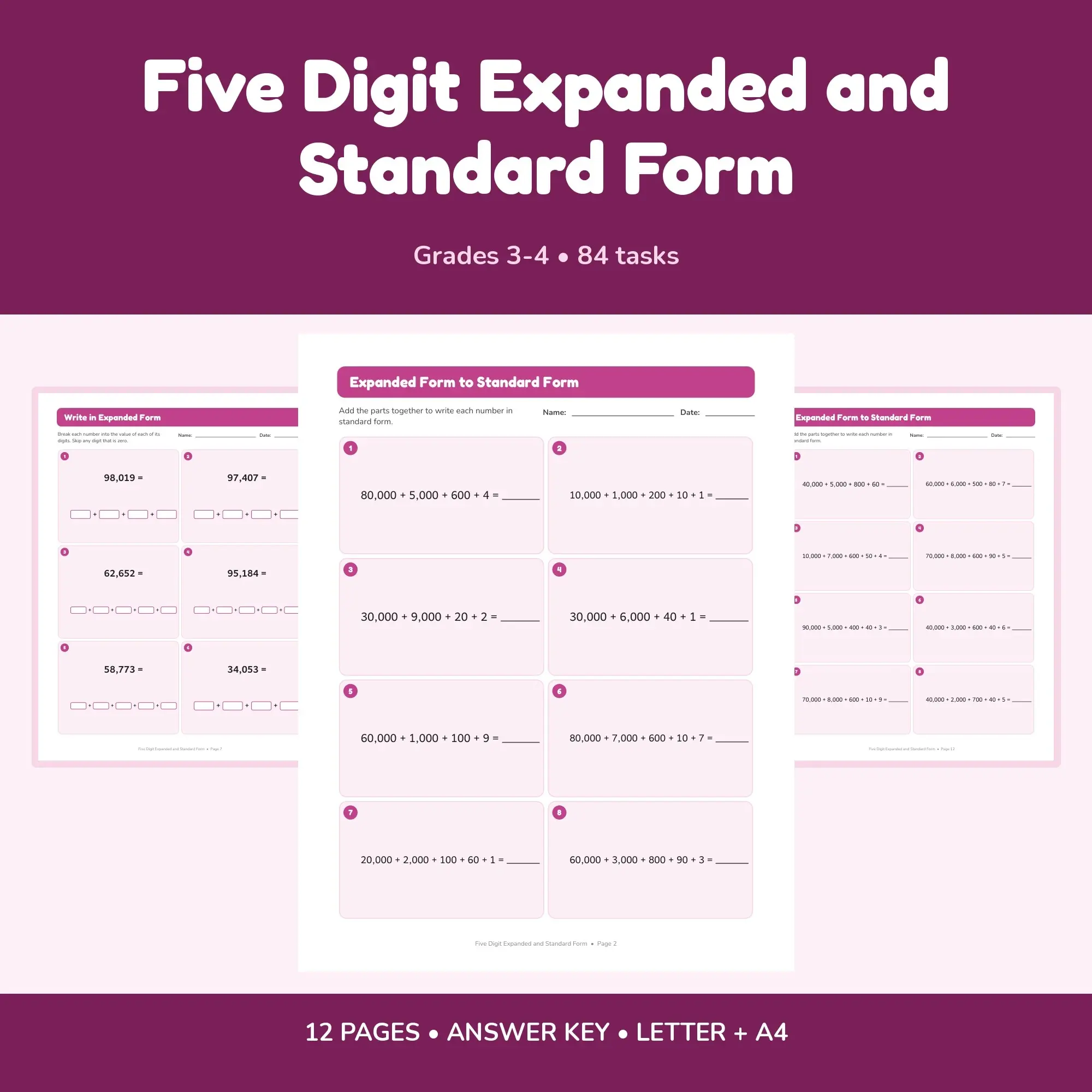Five Digit Expanded and Standard Form - 12 Worksheets + Key preview