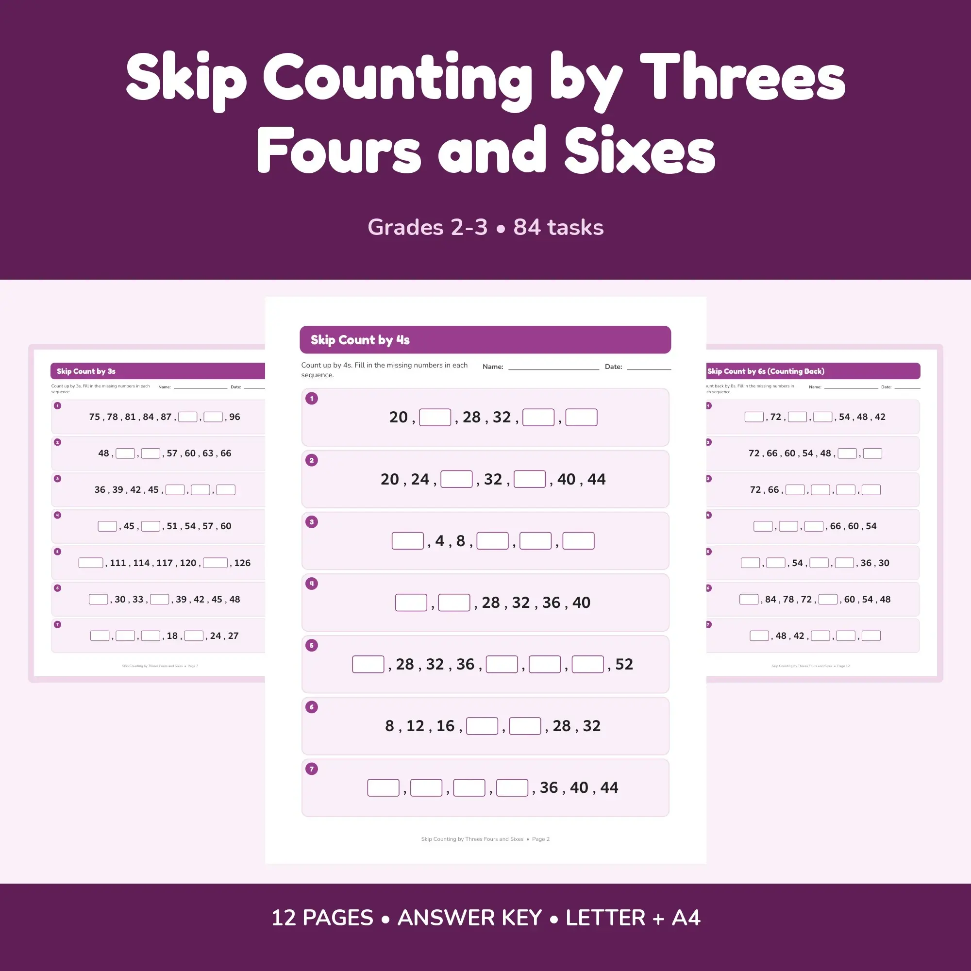 Skip Counting by Threes Fours and Sixes - 12 Worksheets + Key, preview 1 of 2