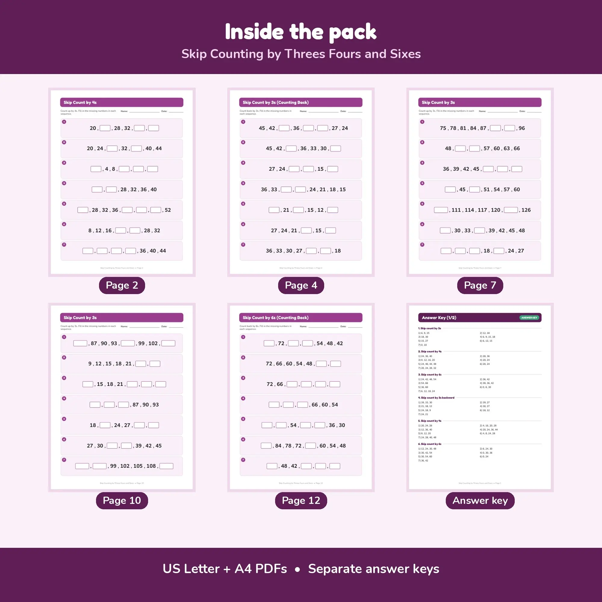 Skip Counting by Threes Fours and Sixes - 12 Worksheets + Key, preview 2 of 2