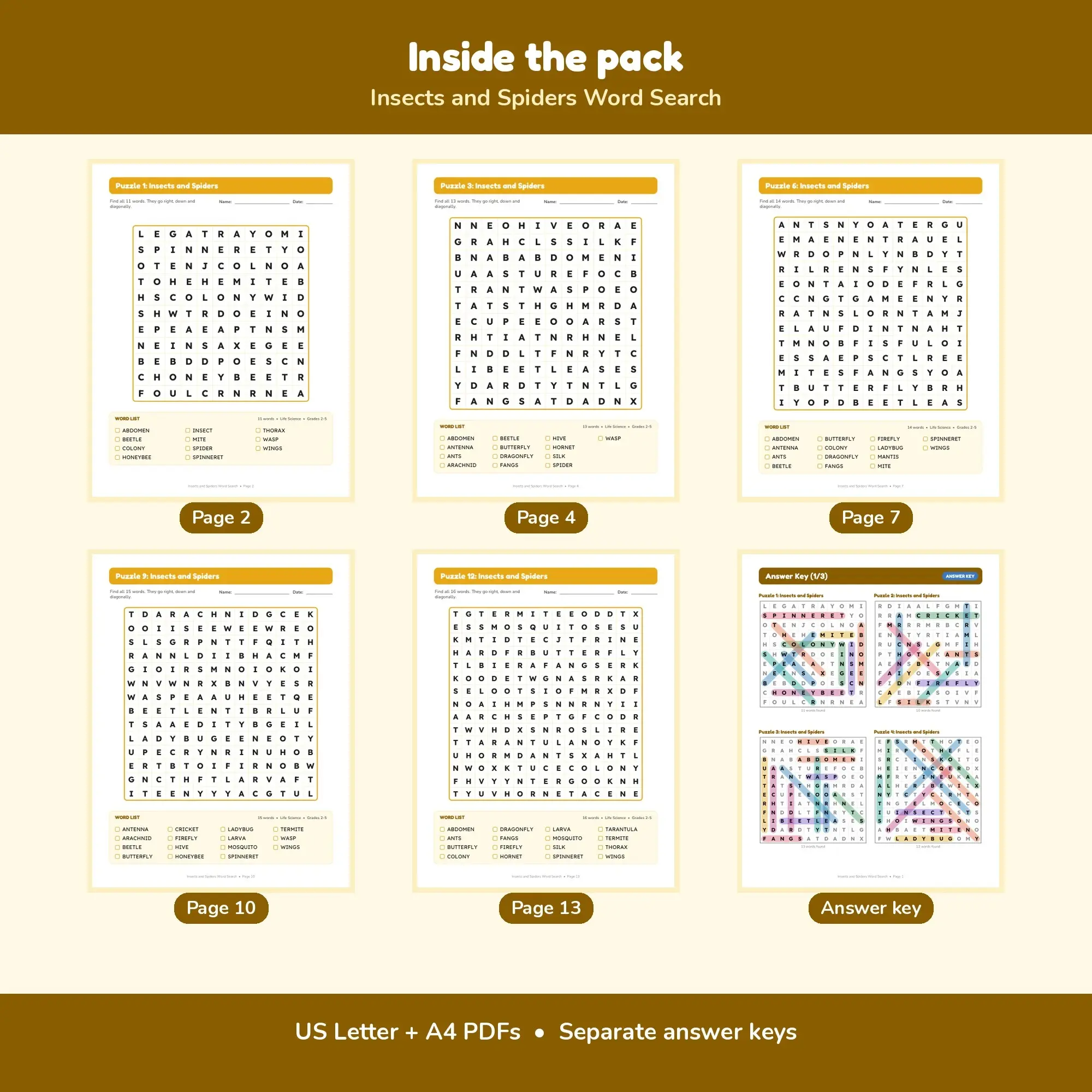 Insects and Spiders Word Search - 12 Puzzles for Grades 2-5 + Answer Key, preview 2 of 2