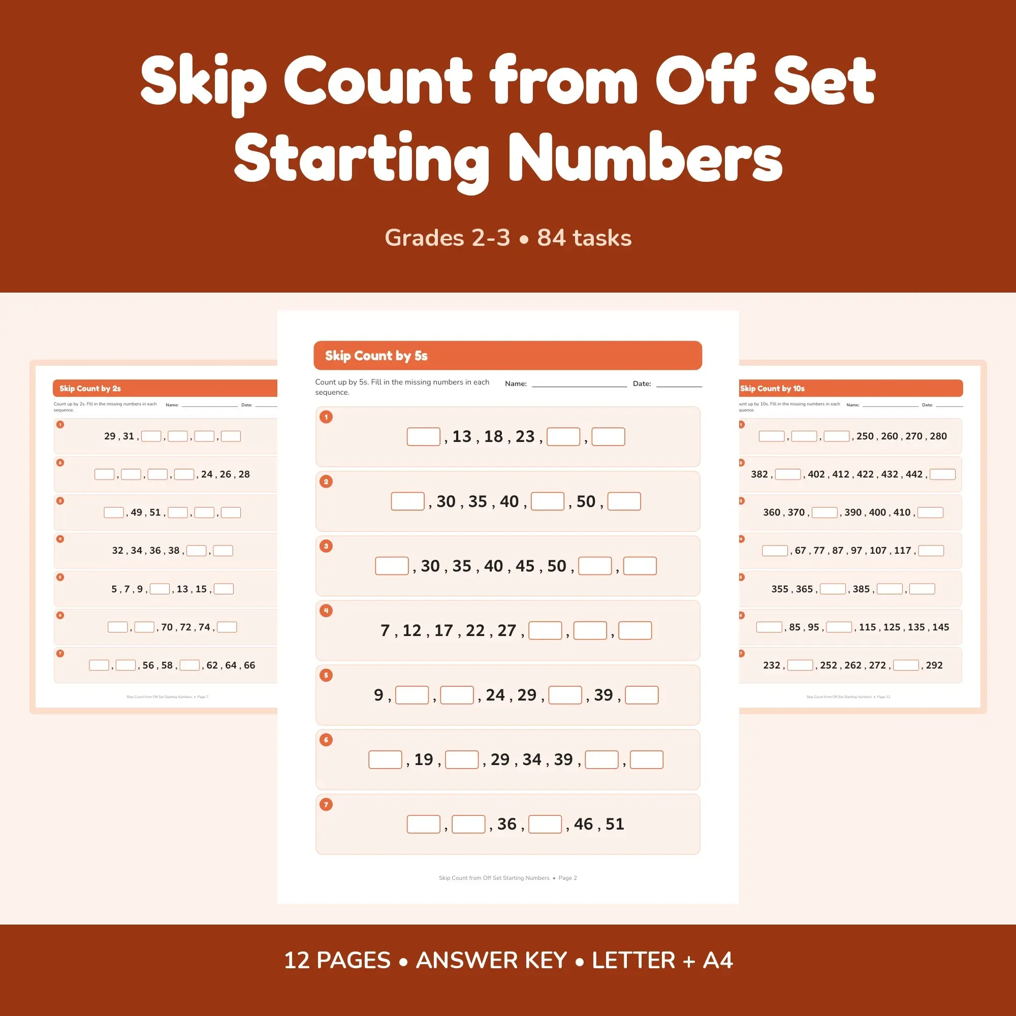 Skip Count from Off Set Starting Numbers - 12 Worksheets + Key preview
