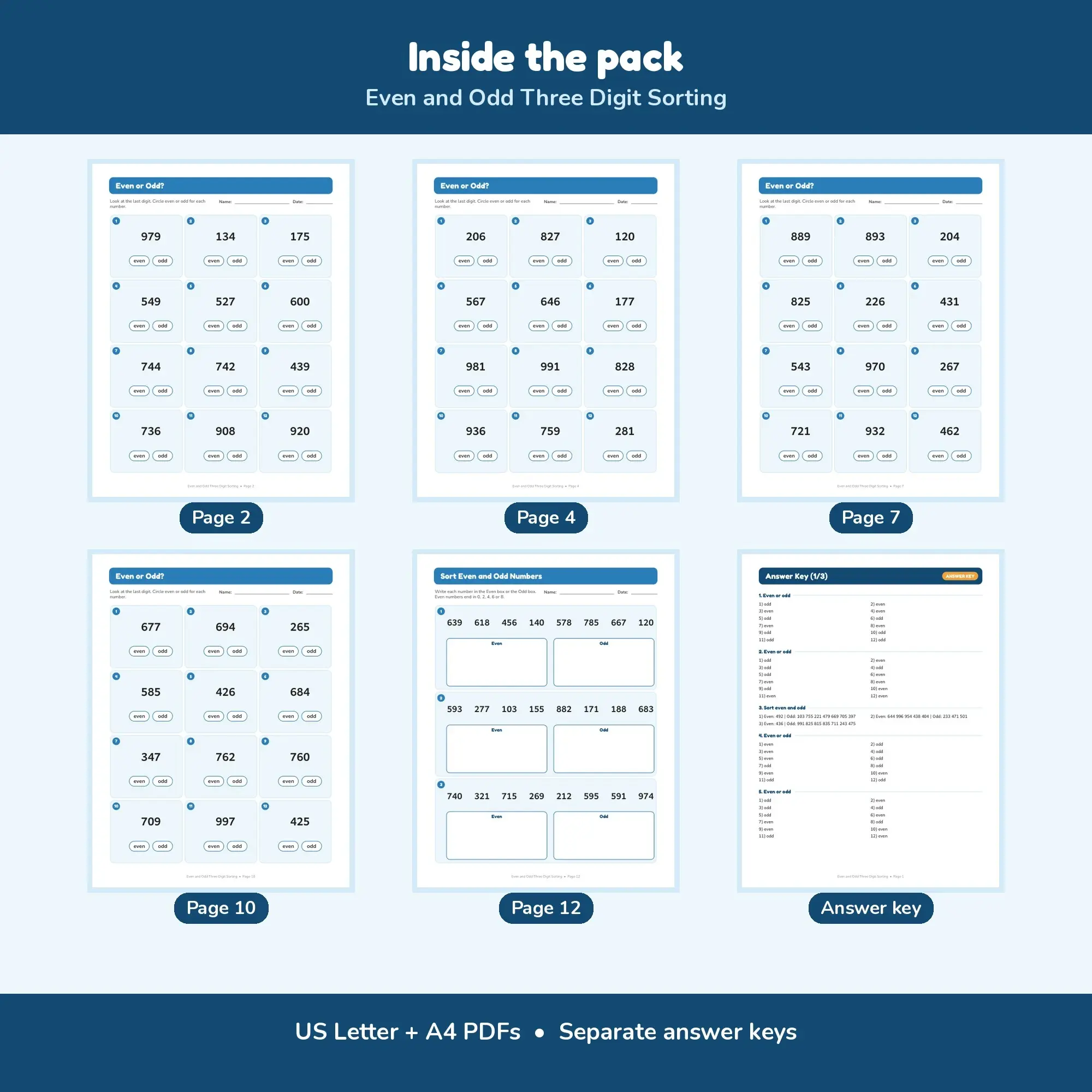 Even and Odd Three Digit Sorting - 12 Worksheets + Key, preview 2 of 2
