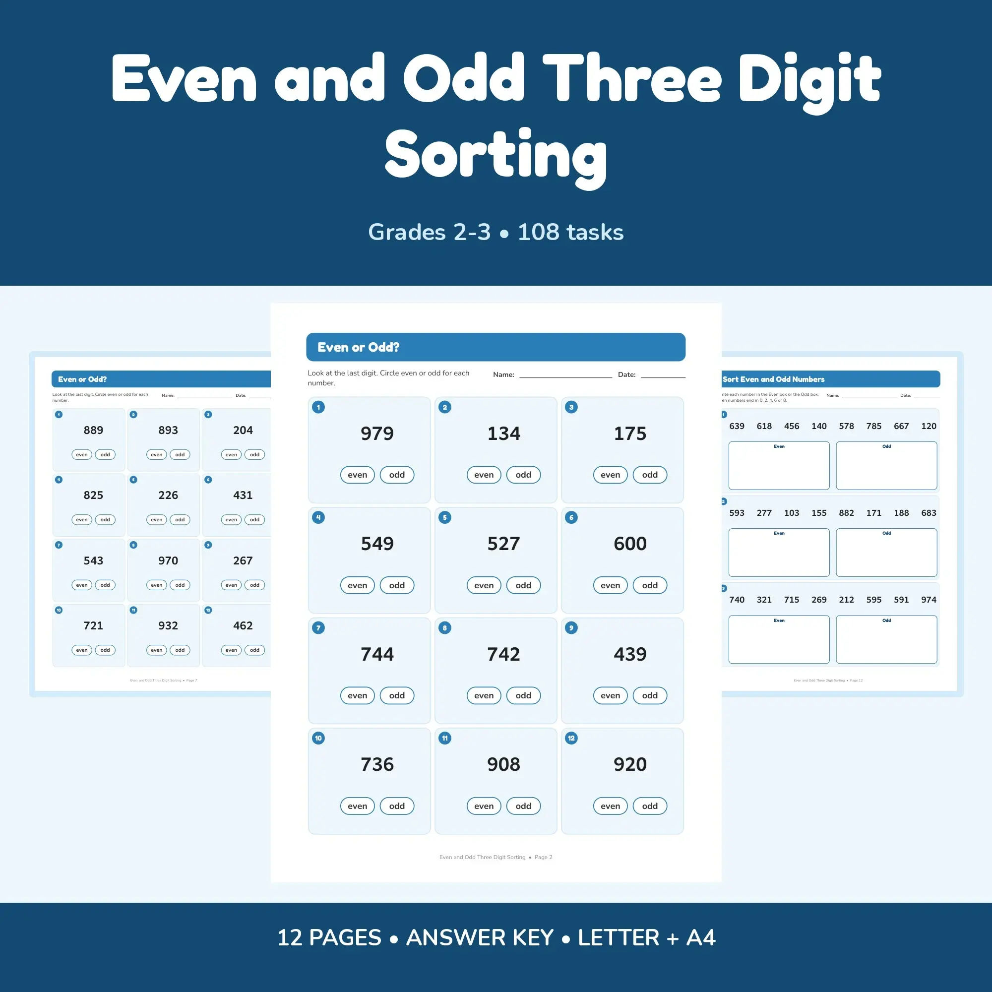 Even and Odd Three Digit Sorting - 12 Worksheets + Key preview