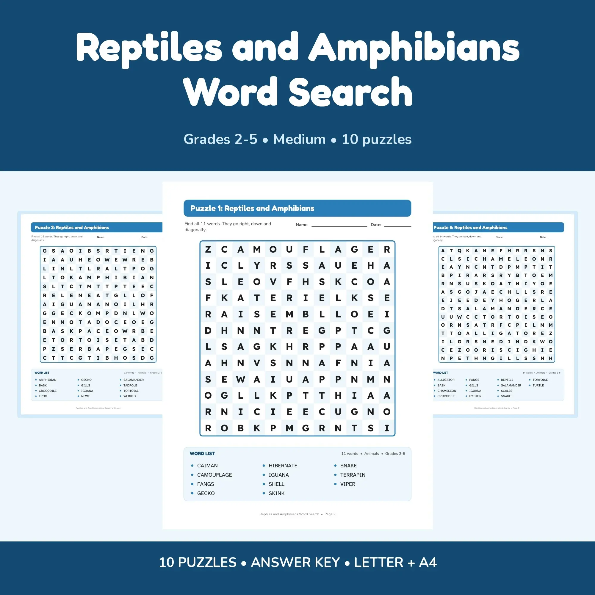 Printable Reptiles and Amphibians Word Search Pack - 10 Puzzles, Grades 2-5, Answer Key preview
