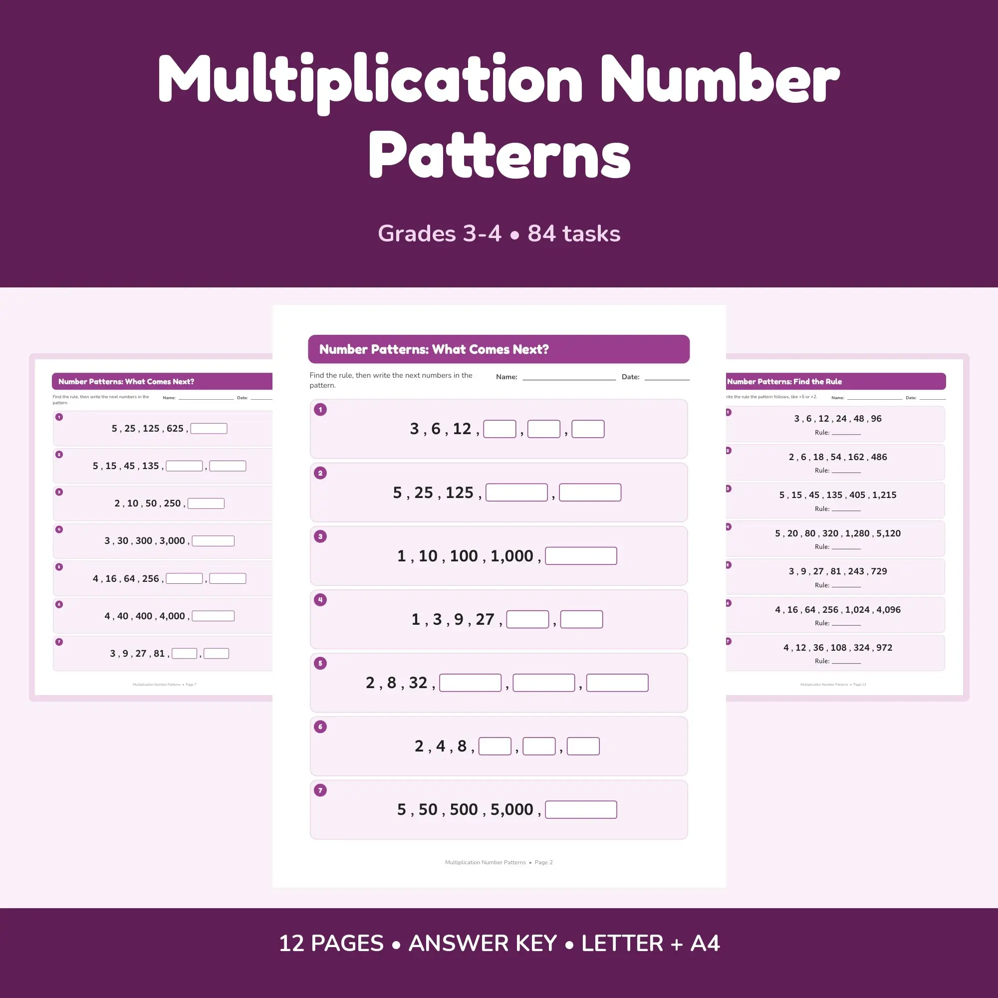 Multiplication Number Patterns - 12 Worksheets + Key preview