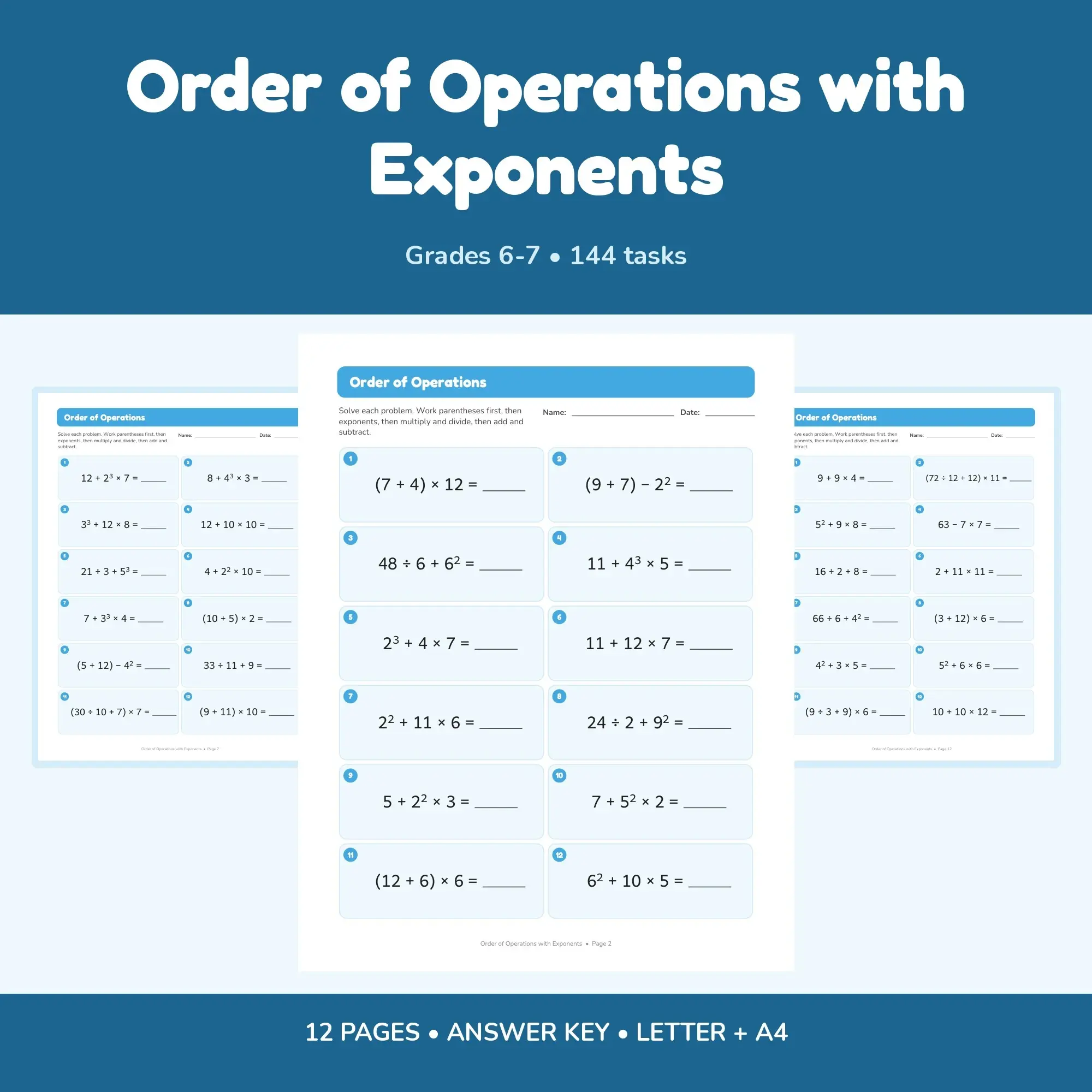 Order of Operations with Exponents - 12 Worksheets + Key preview