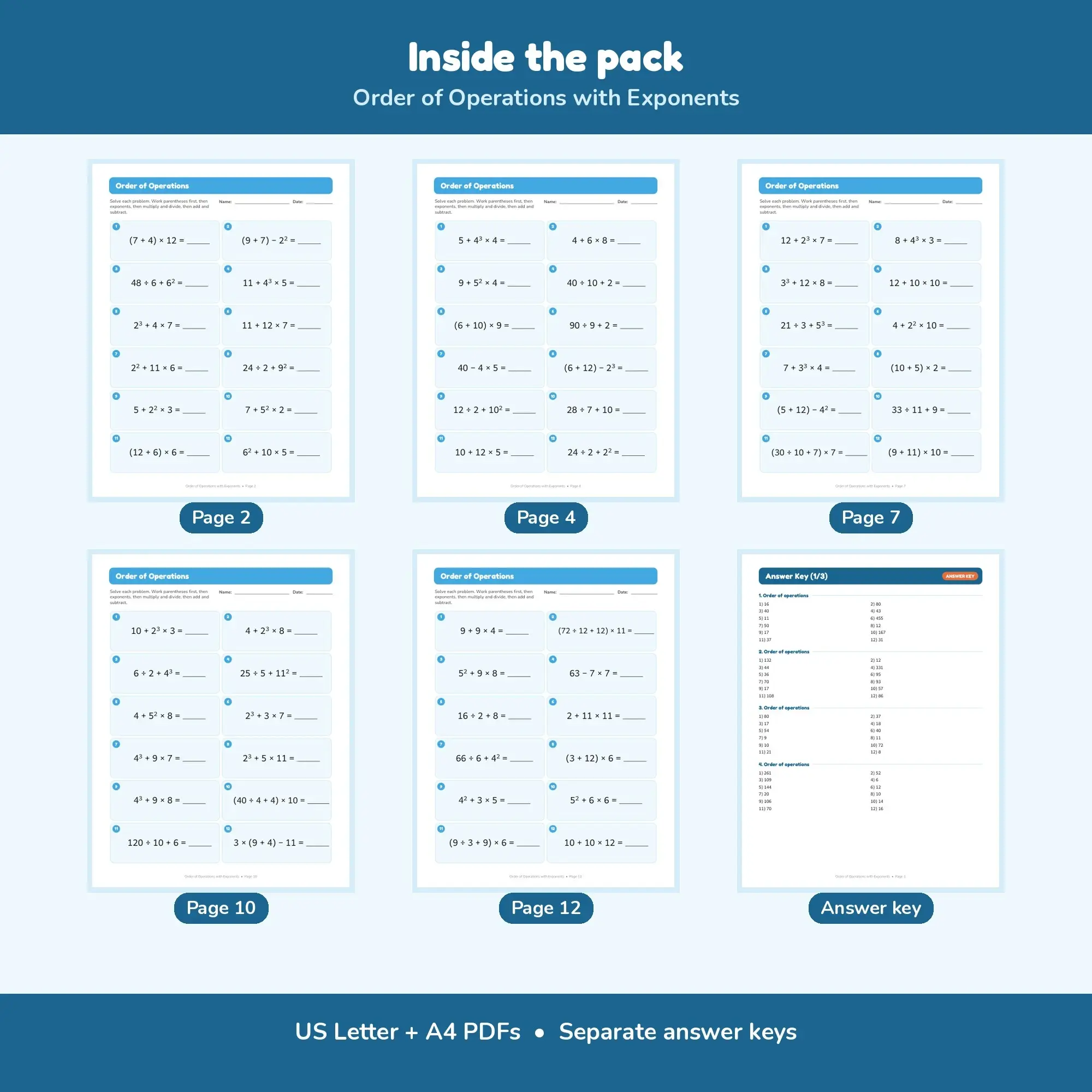 Order of Operations with Exponents - 12 Worksheets + Key, preview 2 of 2
