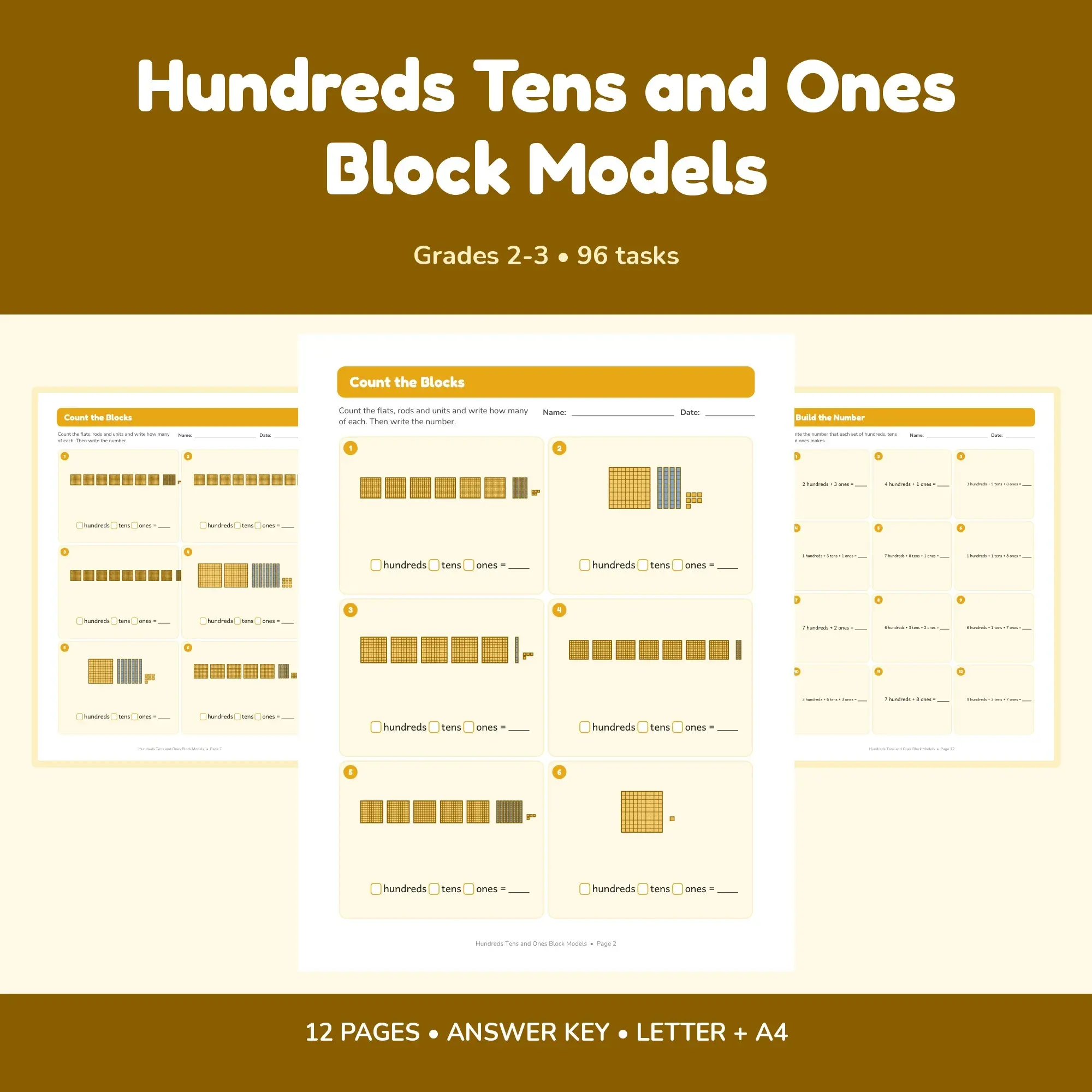 Hundreds Tens and Ones Block Models - 12 Worksheets + Key preview