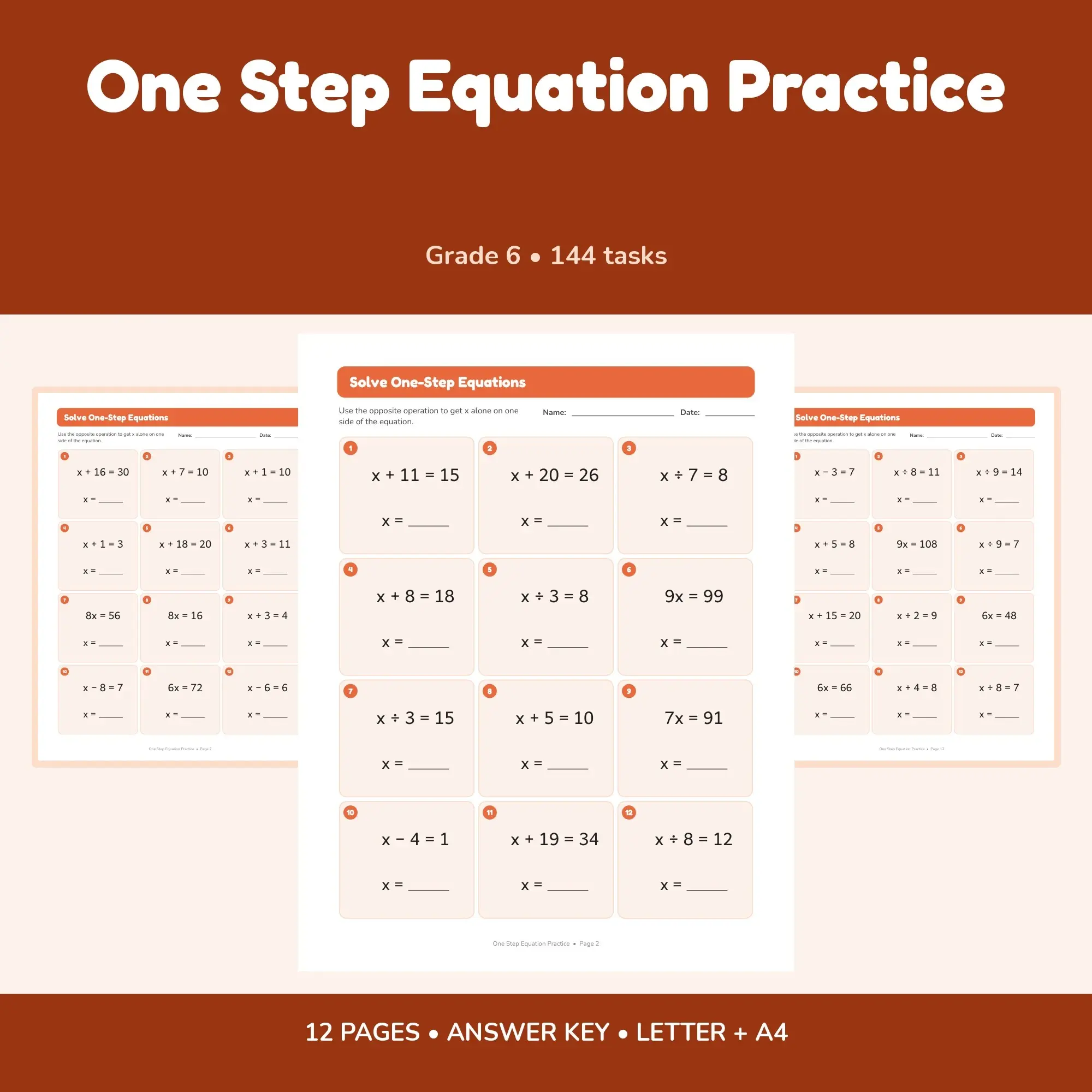One Step Equation Practice - 12 Worksheets + Key preview