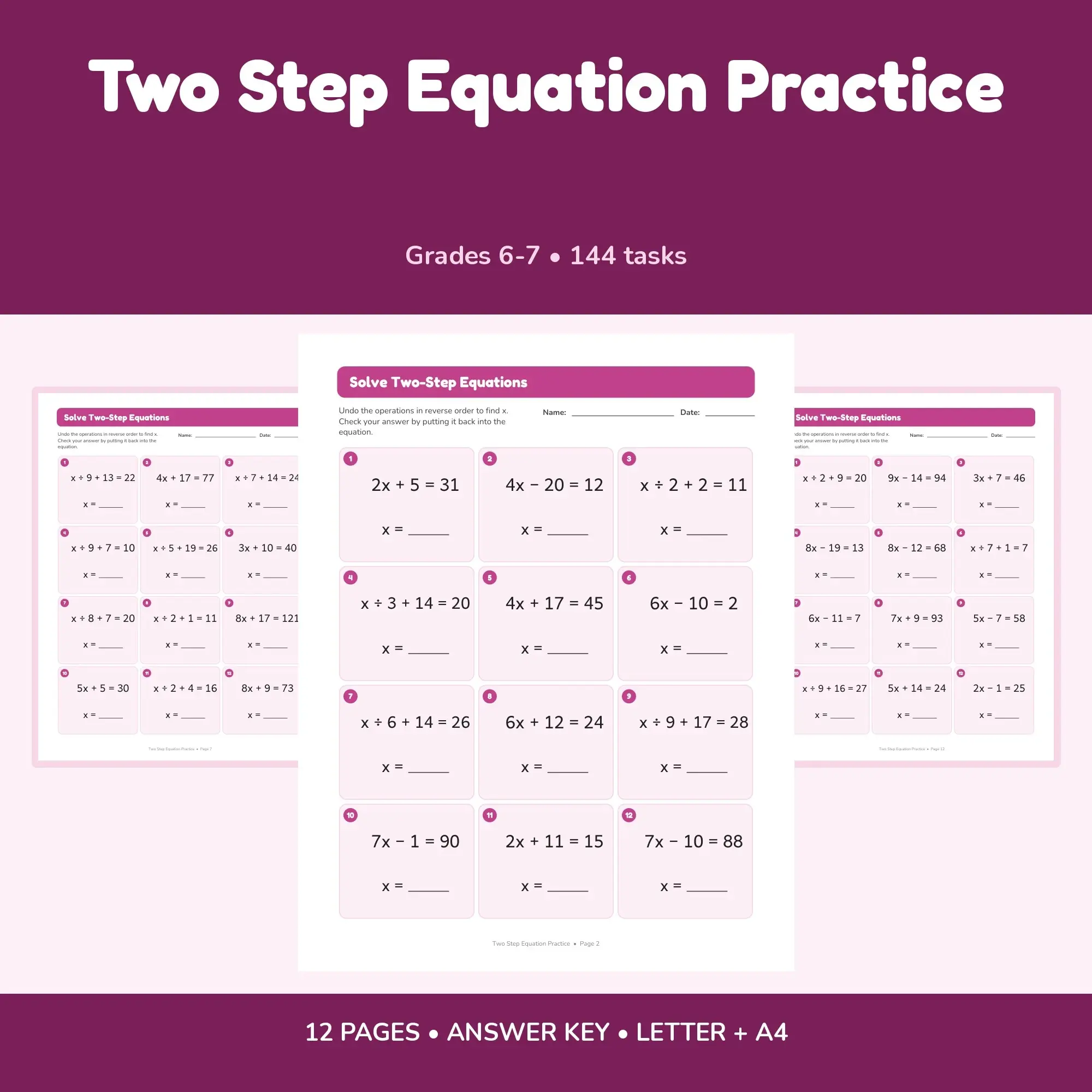 Two Step Equation Practice - 12 Worksheets + Key preview