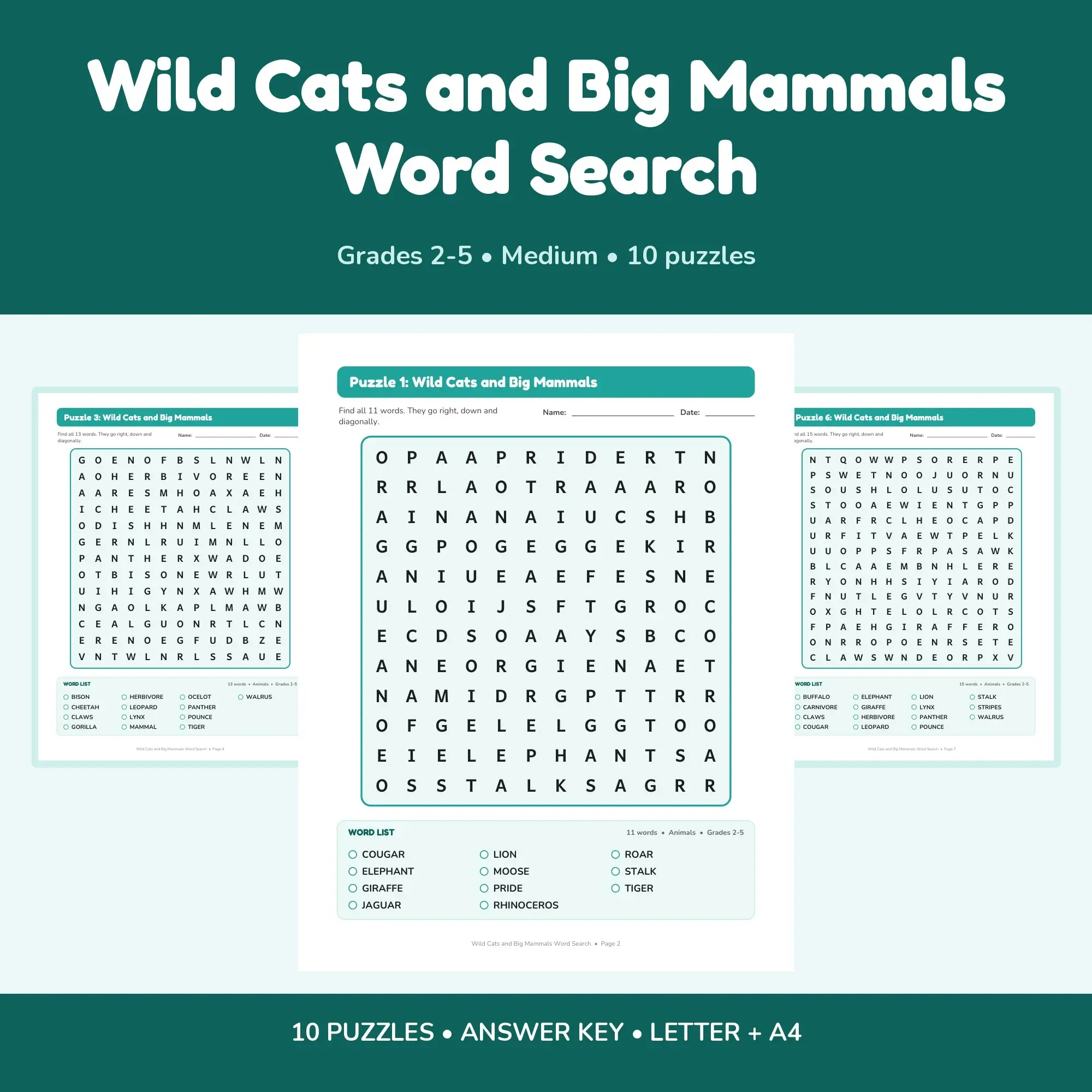 Wild Cats and Big Mammals Word Find Puzzles - 10 Printable Puzzle Pages, Grades 2-5 + Key, preview 1 of 2