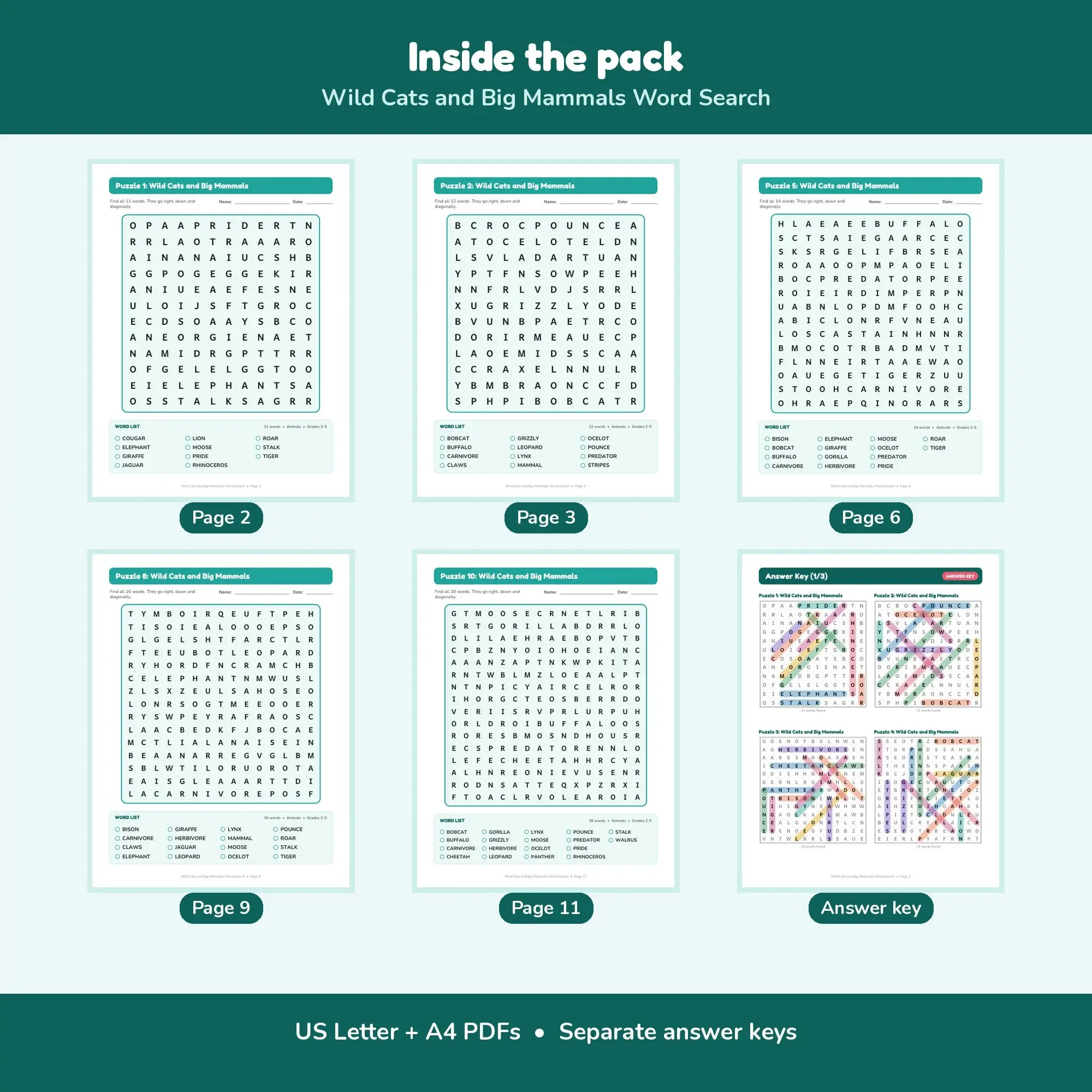Wild Cats and Big Mammals Word Find Puzzles - 10 Printable Puzzle Pages, Grades 2-5 + Key, preview 2 of 2