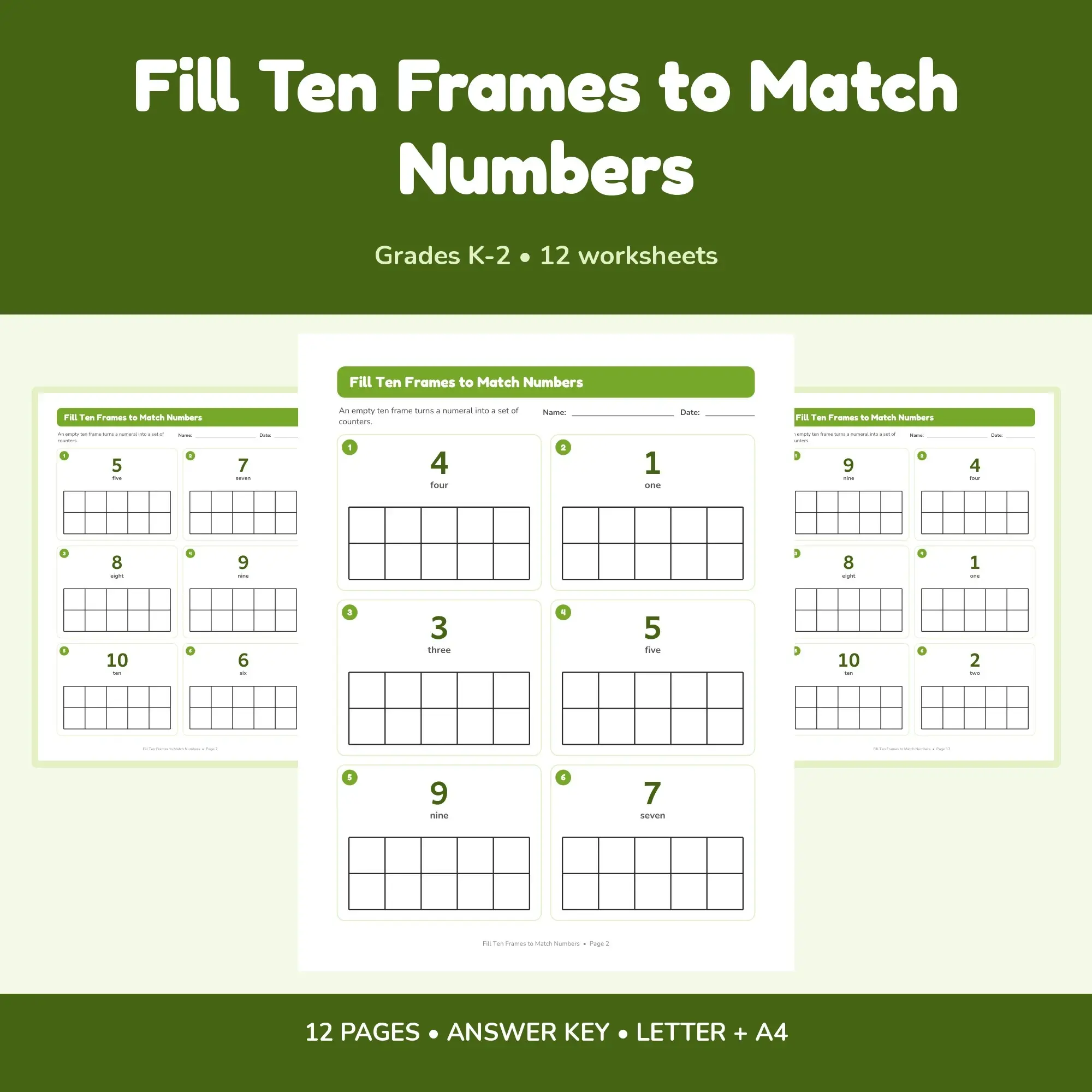 Fill Ten Frames to Match Numbers - 12 Worksheets + Key preview