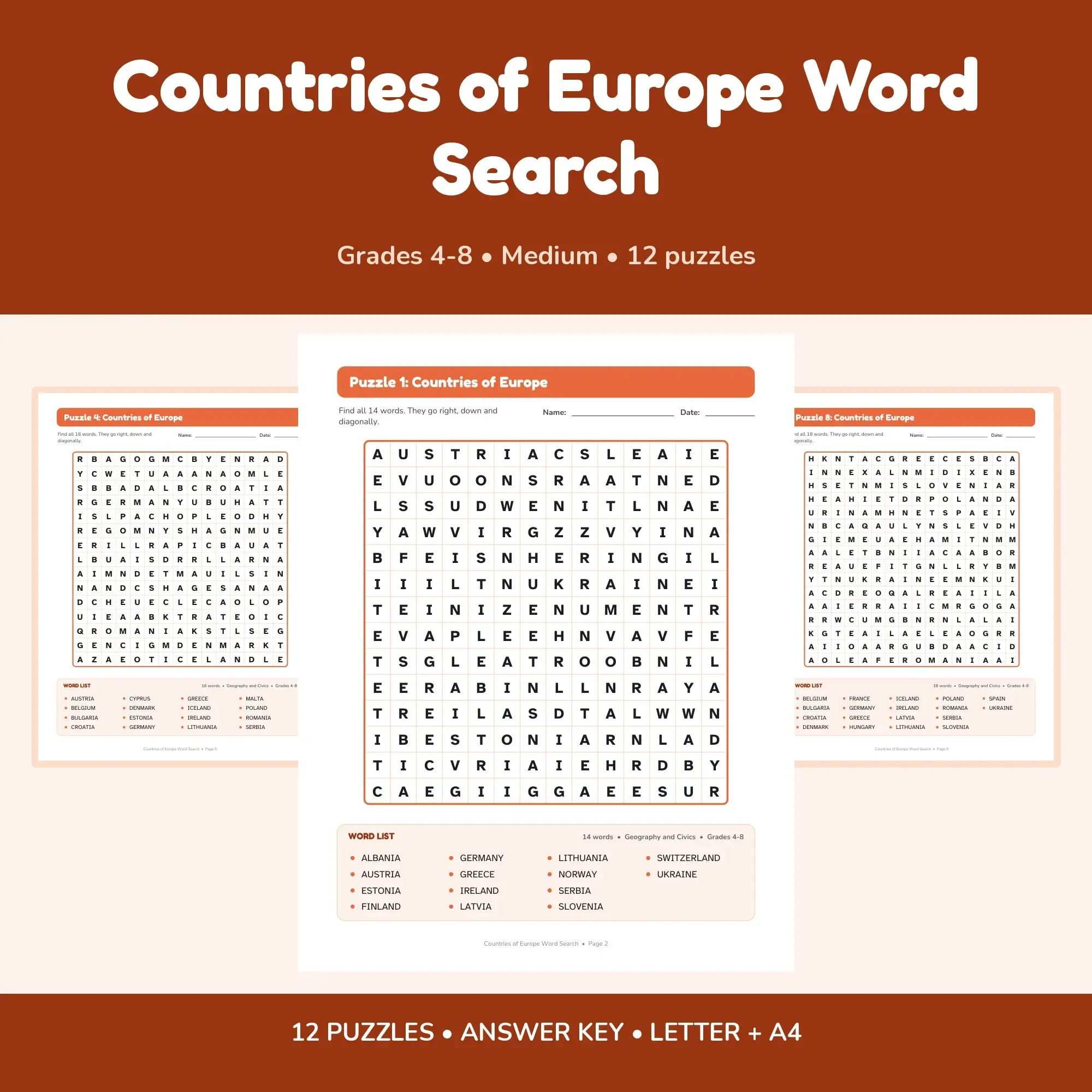 Countries of Europe Word Find Puzzles - 12 Printable Puzzle Pages, Grades 4-8 + Key preview