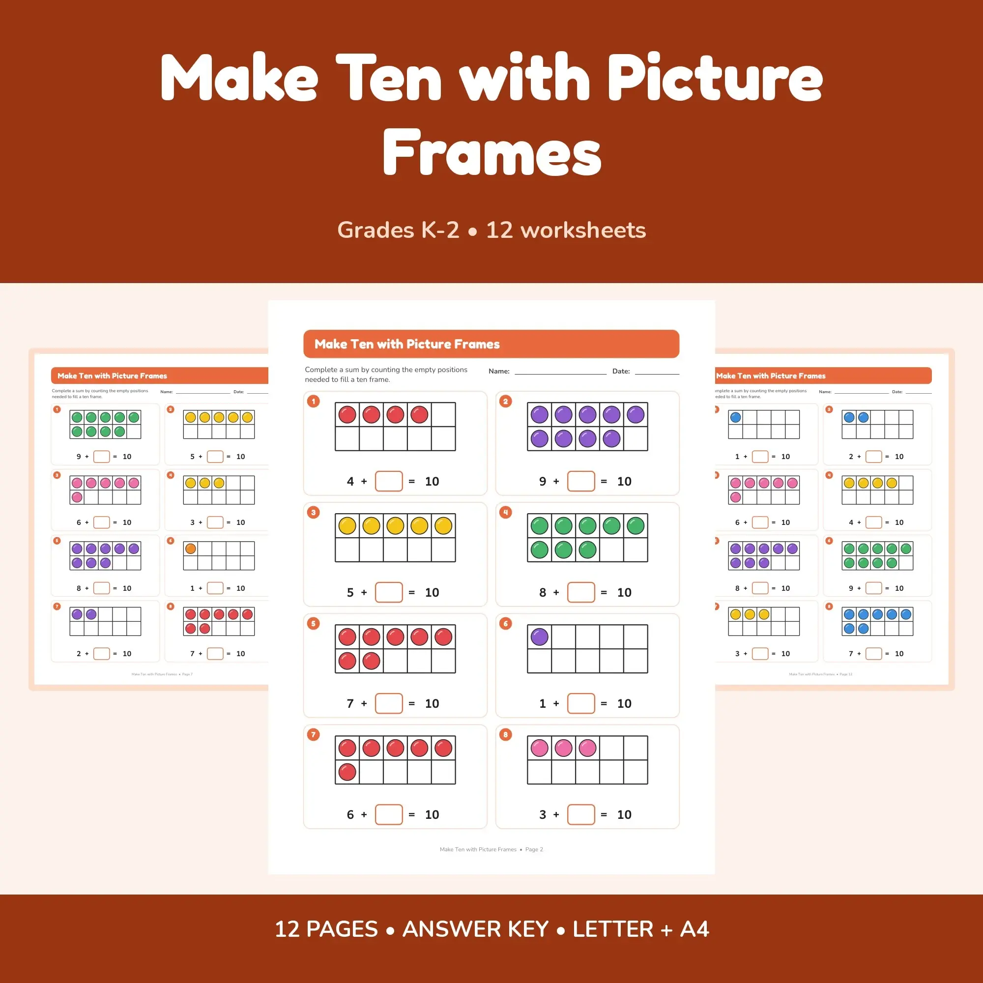 Make Ten with Picture Frames - 12 Worksheets + Key preview