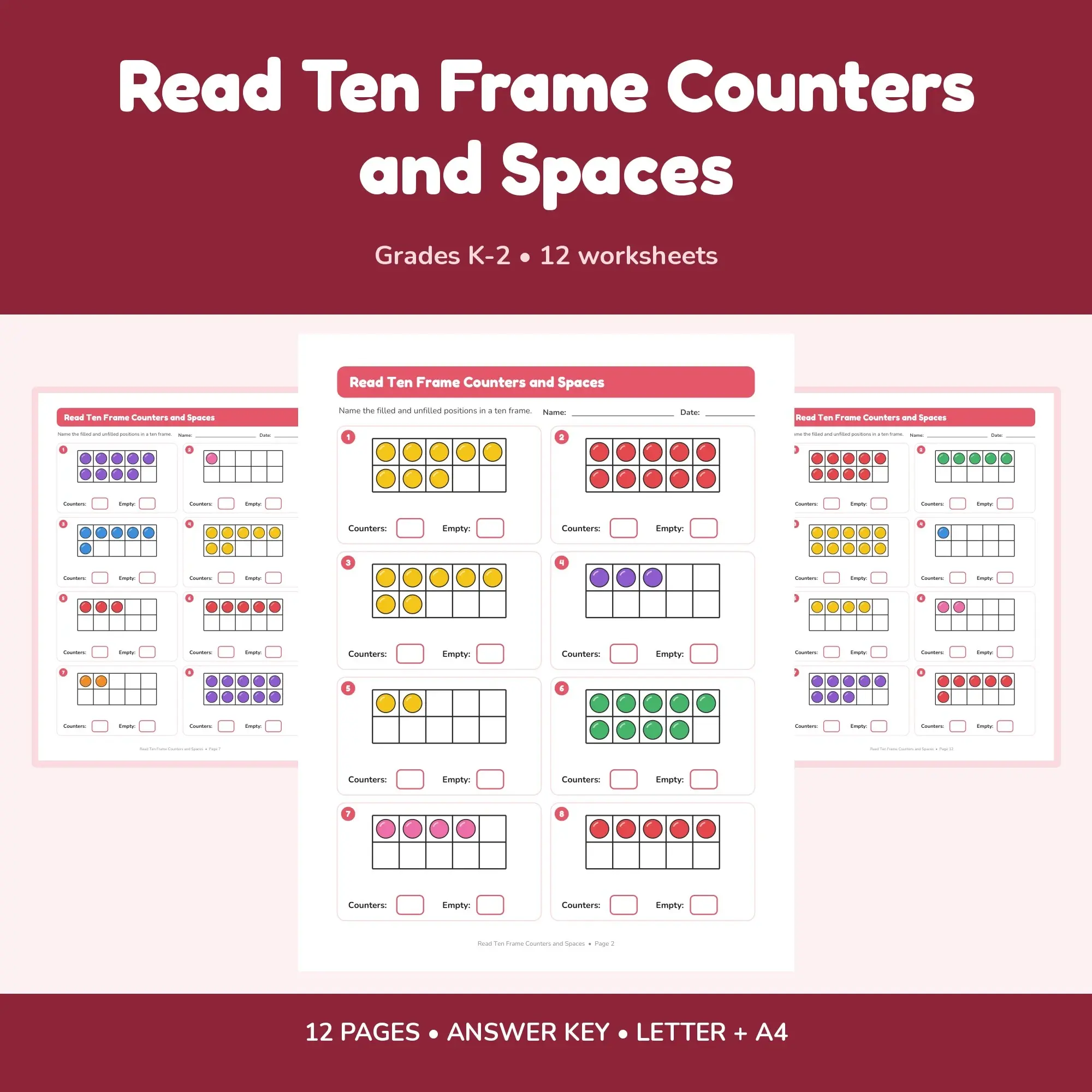 Read Ten Frame Counters and Spaces - 12 Worksheets + Key preview