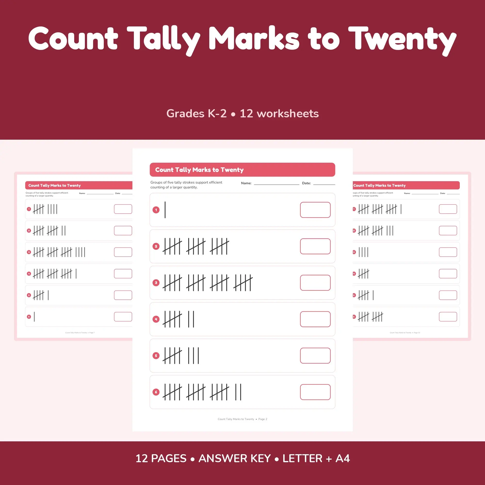 Count Tally Marks to Twenty - 12 Worksheets + Key preview