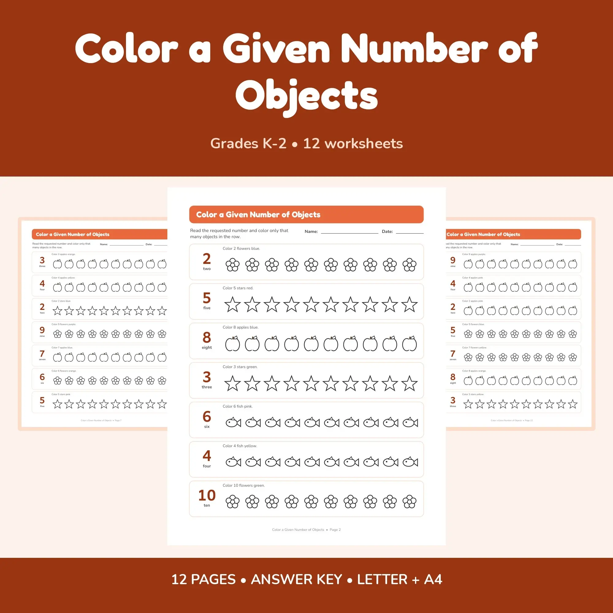Color a Given Number of Objects - 12 Worksheets + Key preview