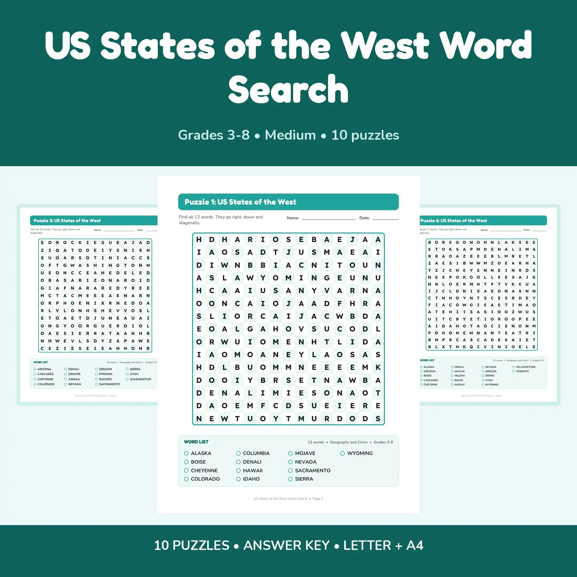 US States of the West Word Find Puzzles - 10 Printable Puzzle Pages, Grades 3-8 + Key, preview 1 of 2