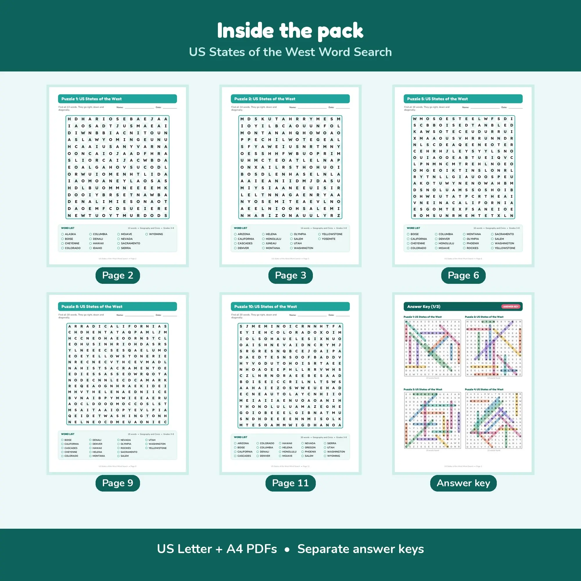 US States of the West Word Find Puzzles - 10 Printable Puzzle Pages, Grades 3-8 + Key, preview 2 of 2