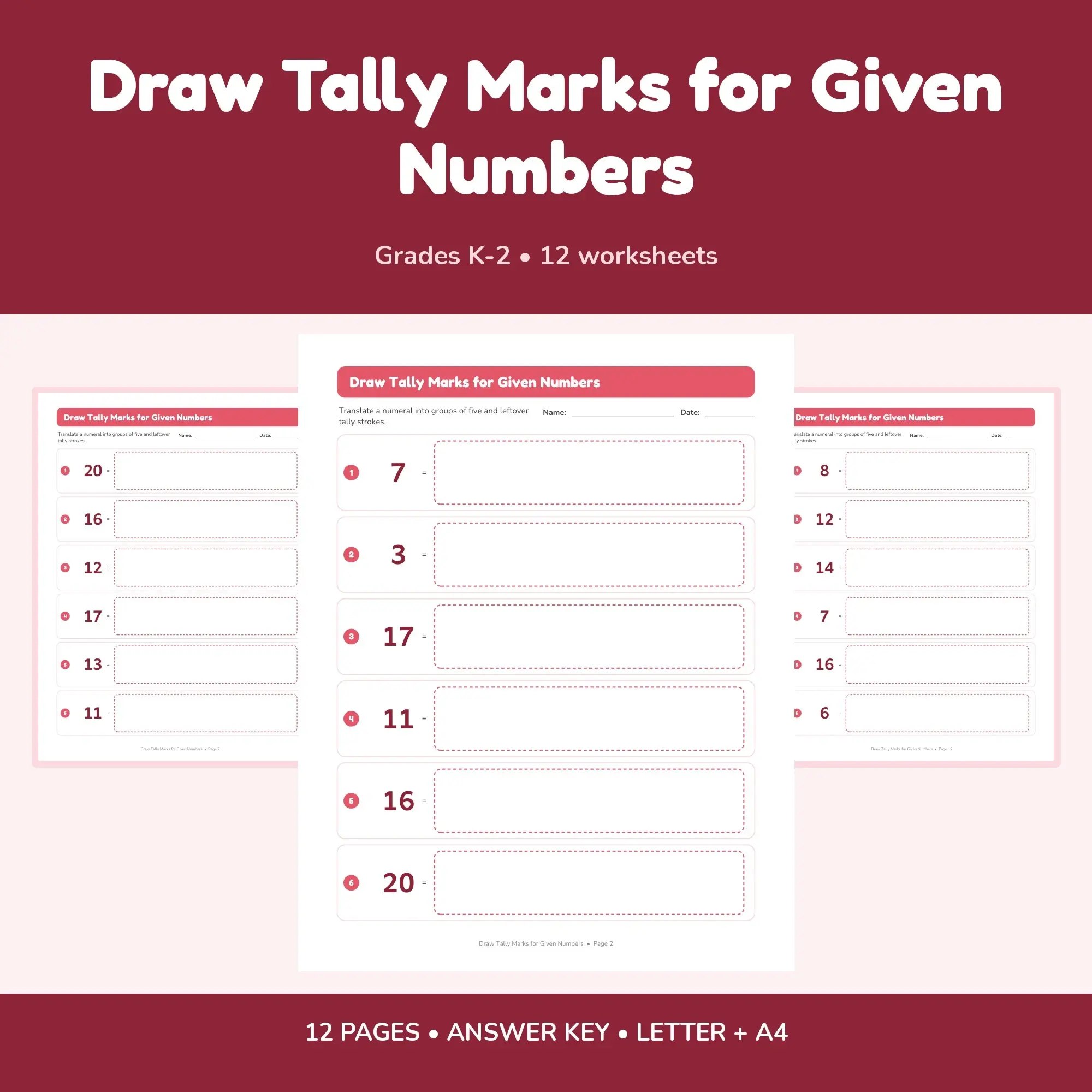 Draw Tally Marks for Given Numbers - 12 Worksheets + Key preview