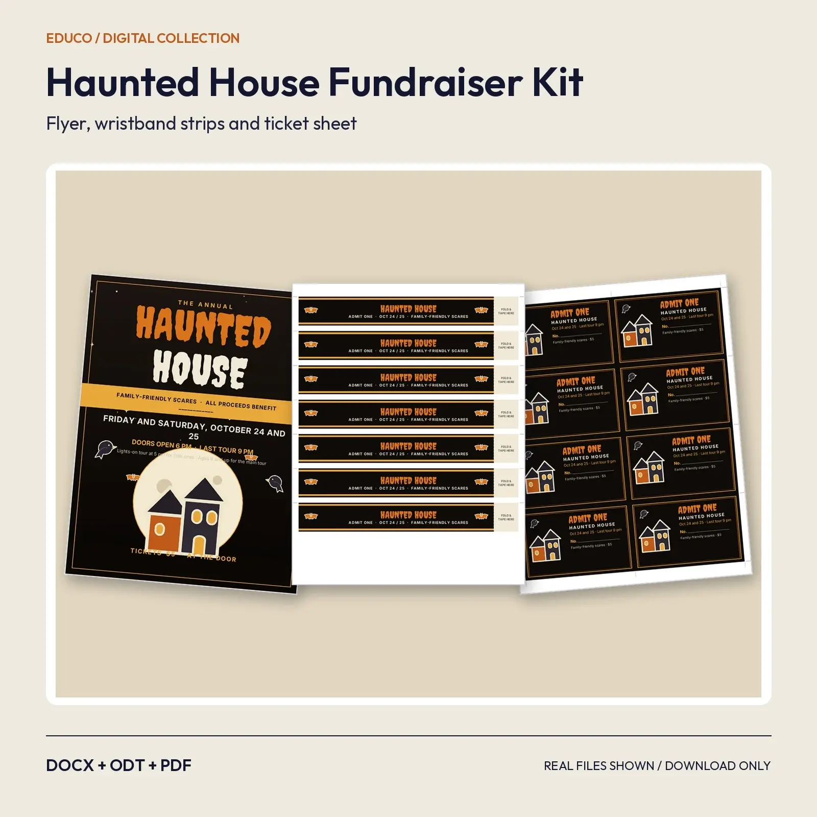 Haunted House Fundraiser Flyer, Wristband and Ticket Sheet – Family-Friendly Scares, Editable DOCX, ODT and PDF, preview 1 of 4