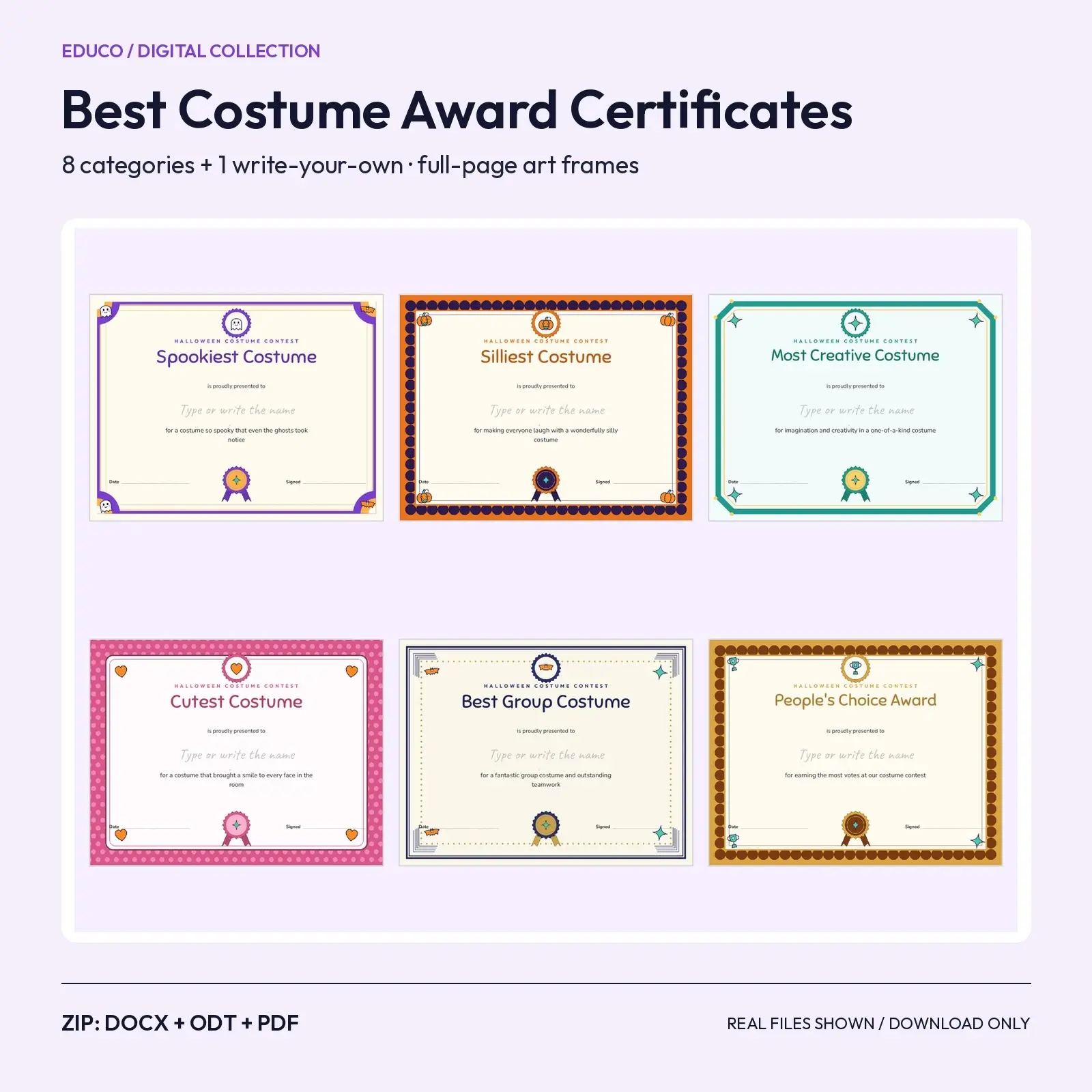 Best Costume Award Certificates – 8 Halloween Categories with Ornate Landscape Frames, Editable DOCX, ODT and PDF preview