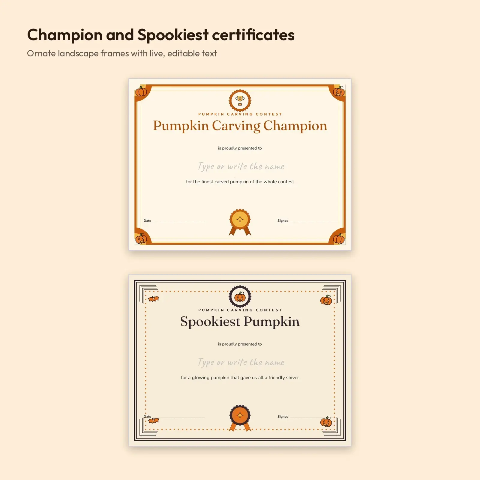 Pumpkin Carving Champion Certificates and Ribbon Labels – 6 Awards and 12 Round Labels, Editable DOCX and ODT, preview 2 of 4