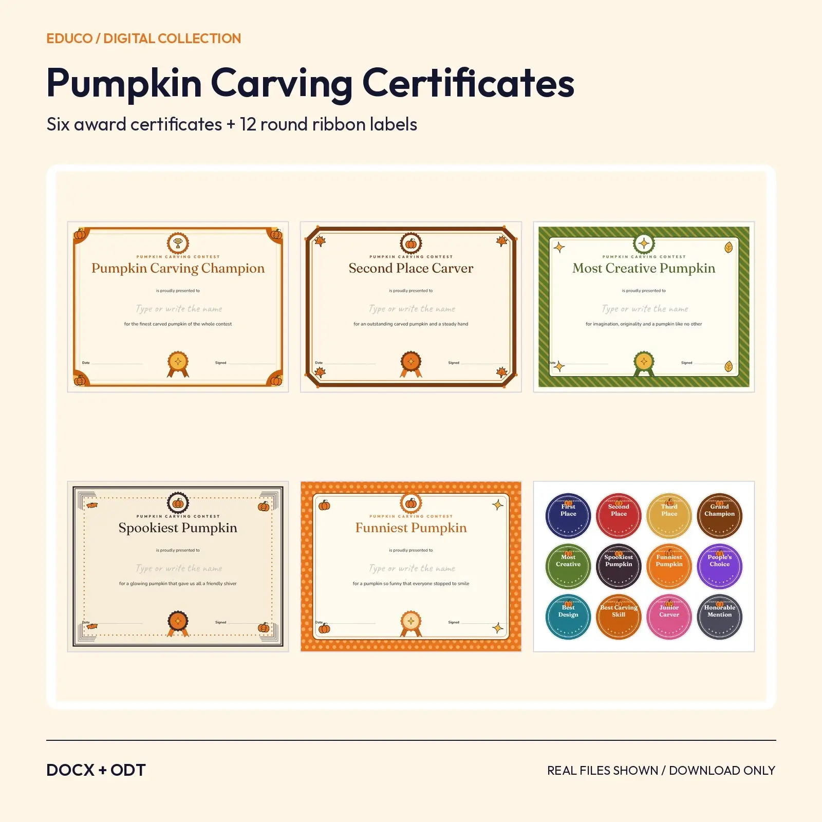 Pumpkin Carving Champion Certificates and Ribbon Labels – 6 Awards and 12 Round Labels, Editable DOCX and ODT, preview 1 of 4