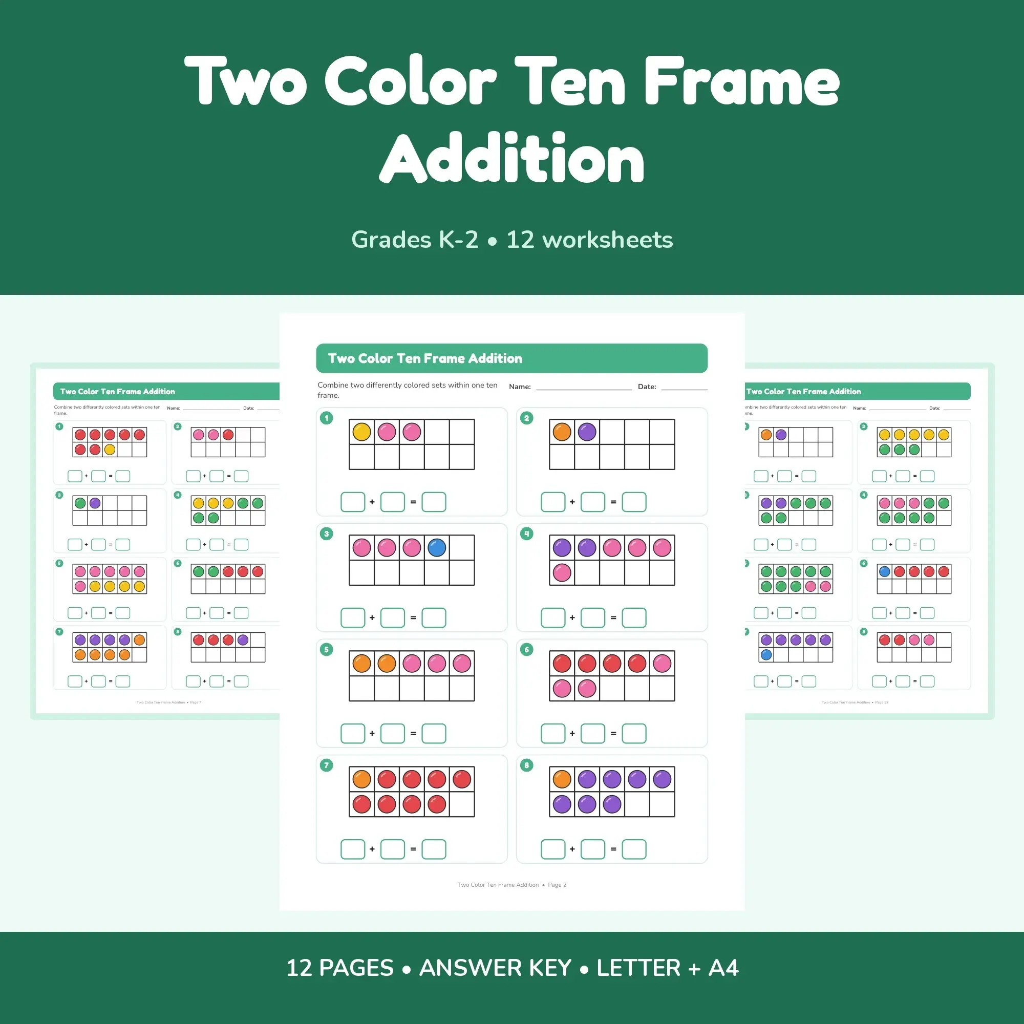 Two Color Ten Frame Addition - 12 Worksheets + Key preview
