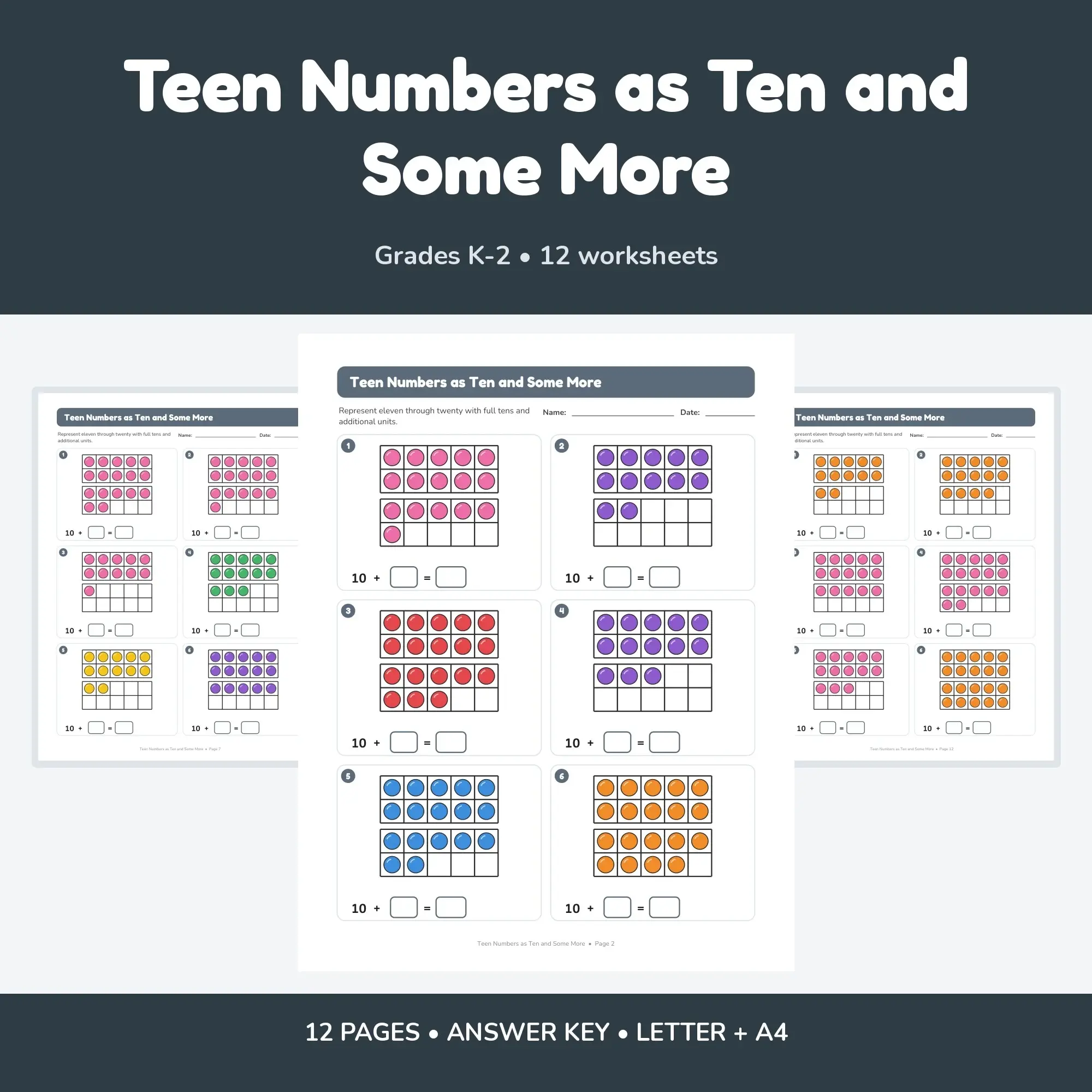 Teen Numbers as Ten and Some More - 12 Worksheets + Key preview