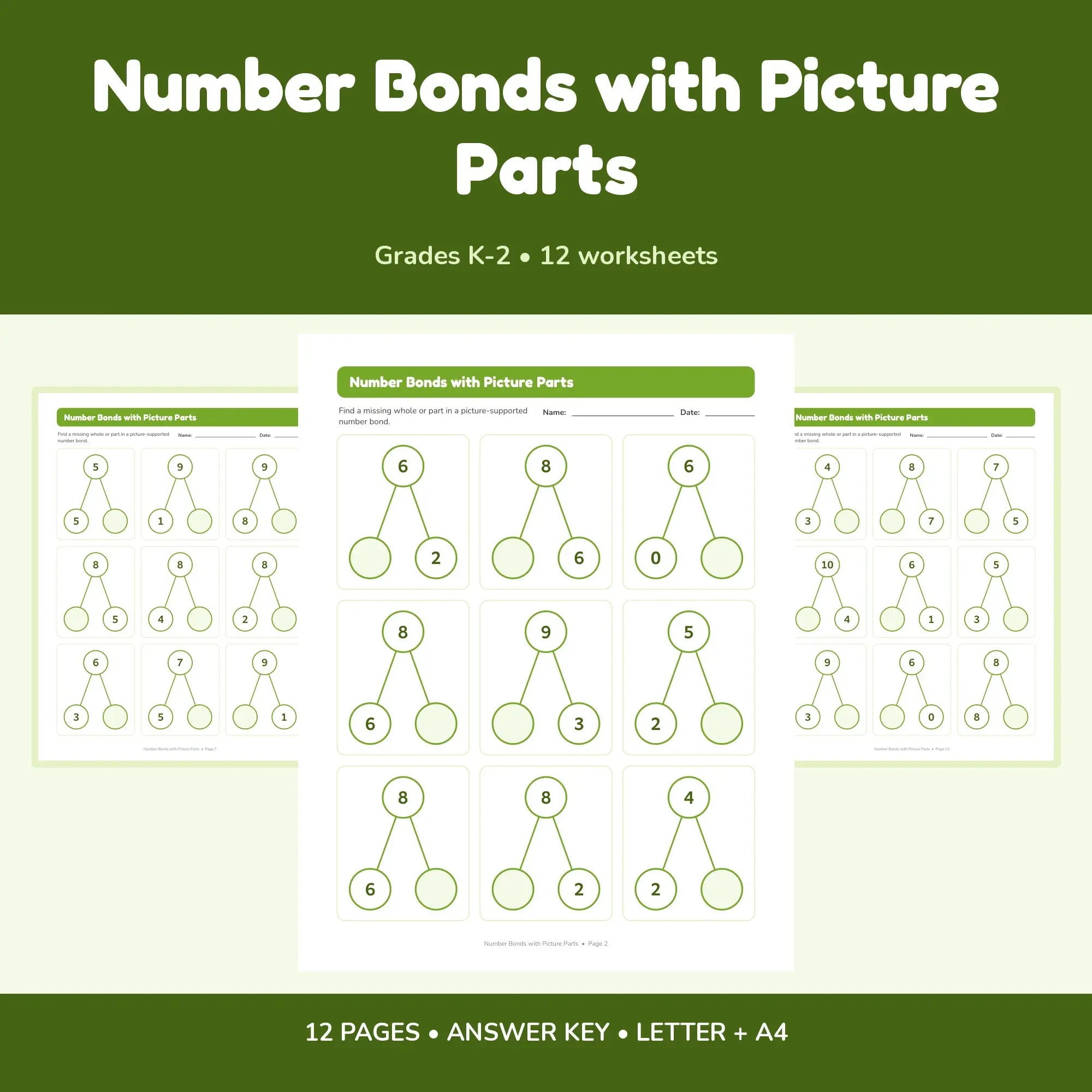 Number Bonds with Picture Parts - 12 Worksheets + Key preview