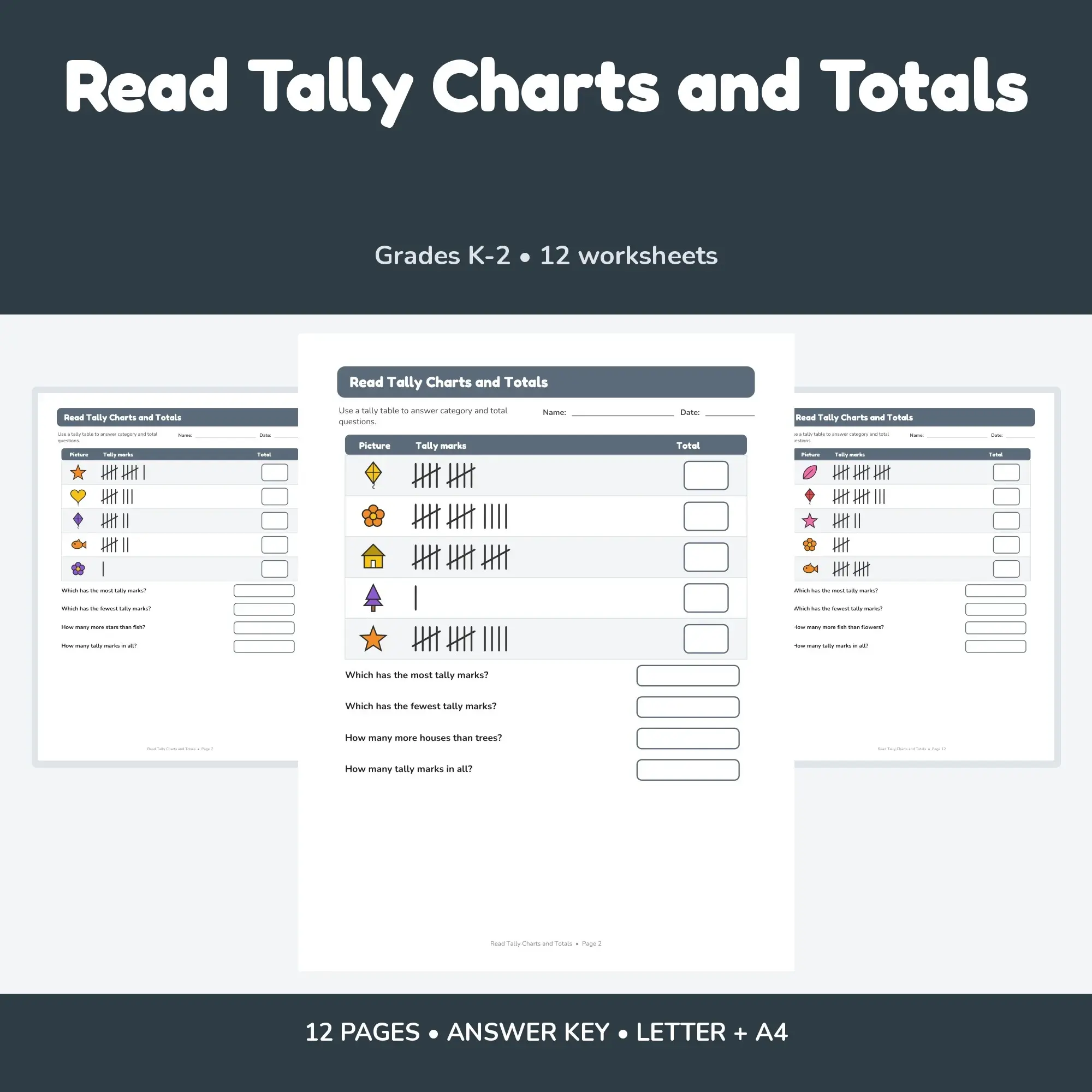 Read Tally Charts and Totals - 12 Worksheets + Key preview