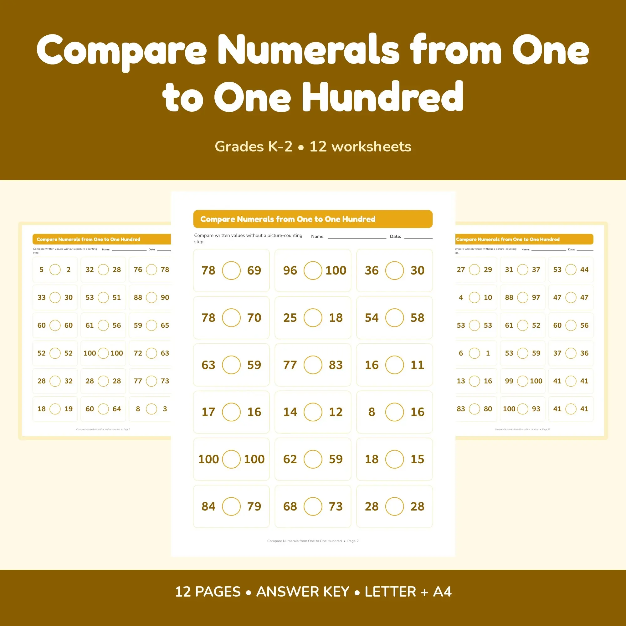 Compare Numerals from One to One Hundred - 12 Worksheets + Key preview