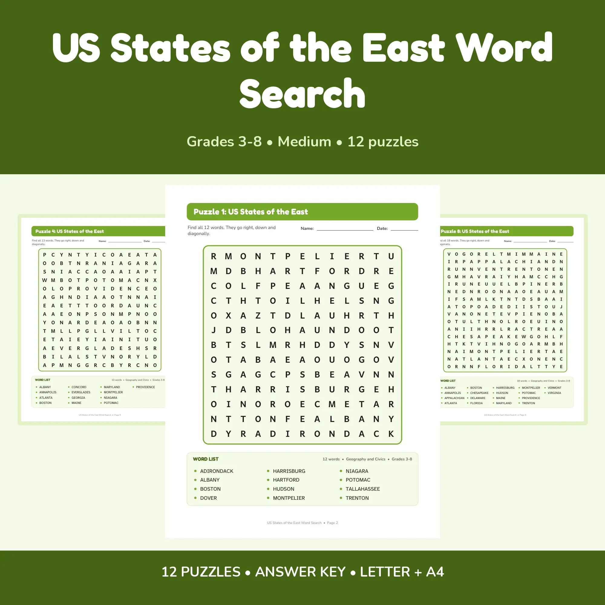 US States of the East Word Find Puzzles - 12 Printable Puzzle Pages, Grades 3-8 + Key, preview 1 of 2