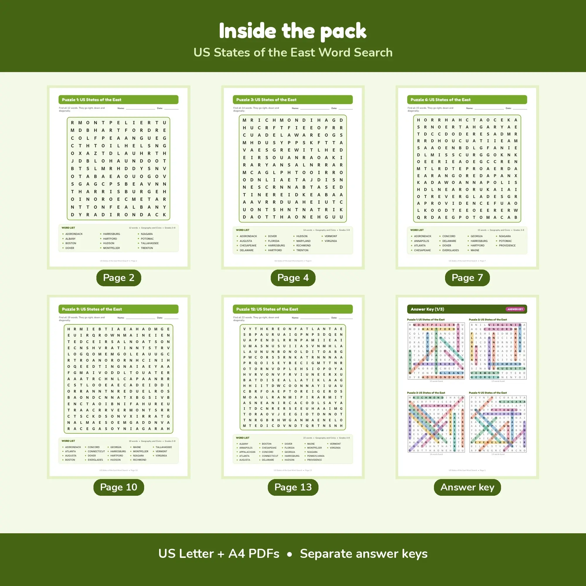US States of the East Word Find Puzzles - 12 Printable Puzzle Pages, Grades 3-8 + Key, preview 2 of 2