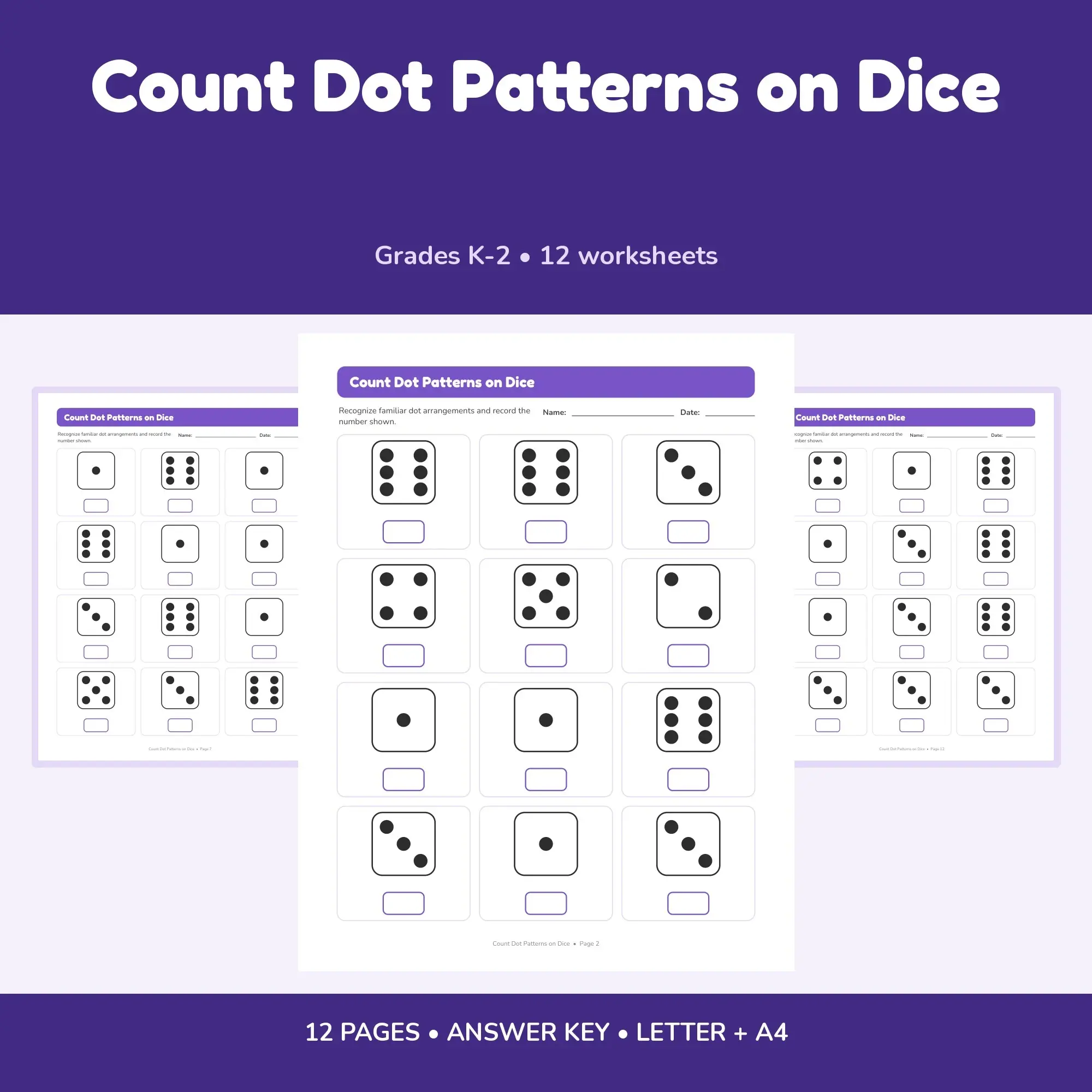 Count Dot Patterns on Dice - 12 Worksheets + Key preview