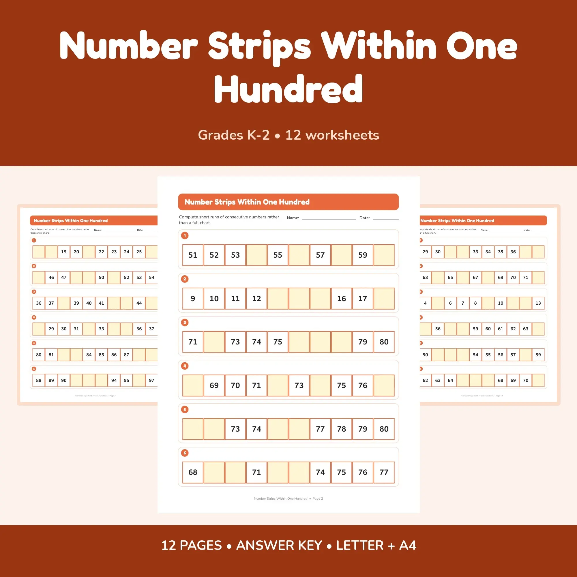 Number Strips Within One Hundred - 12 Worksheets + Key preview