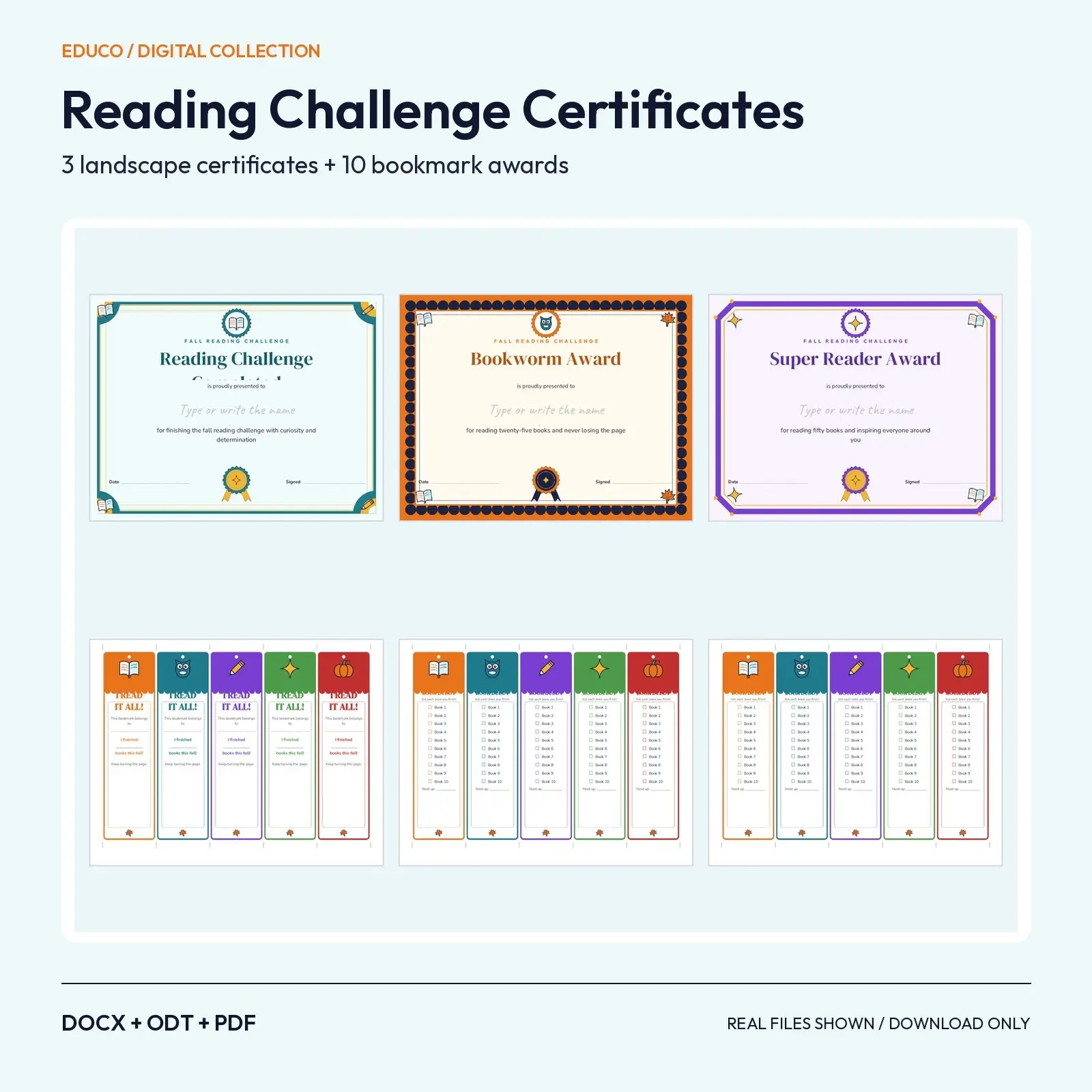 Reading Challenge Completion Certificates and Bookmark Awards – Fall Reading Printables, Editable DOCX, ODT and PDF preview
