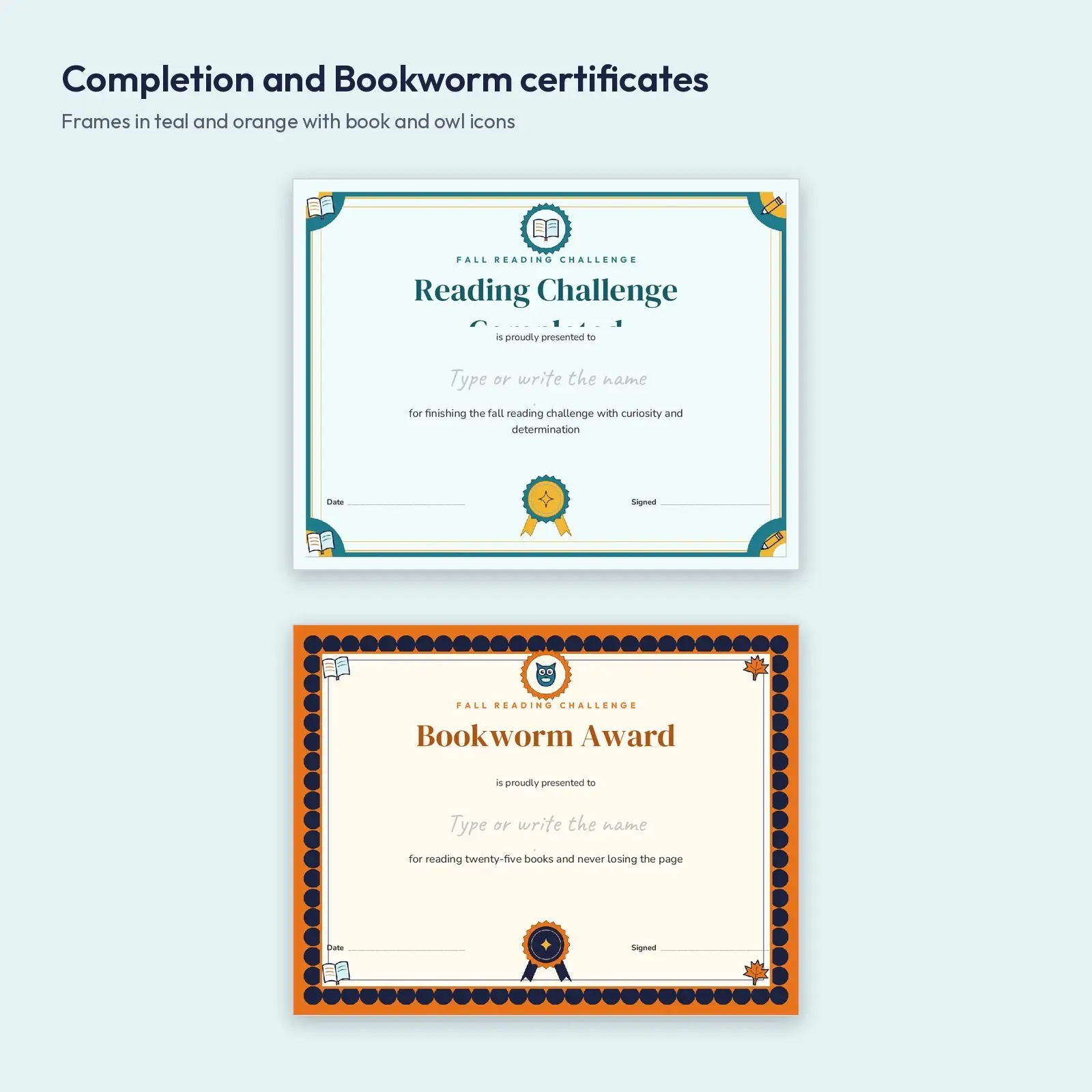 Reading Challenge Completion Certificates and Bookmark Awards – Fall Reading Printables, Editable DOCX, ODT and PDF, preview 2 of 4