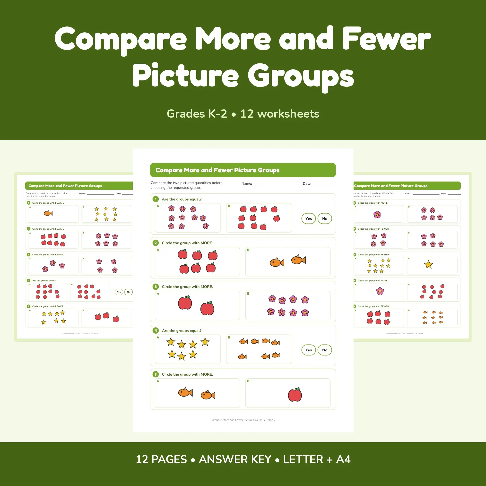 Compare More and Fewer Picture Groups - 12 Worksheets + Key preview