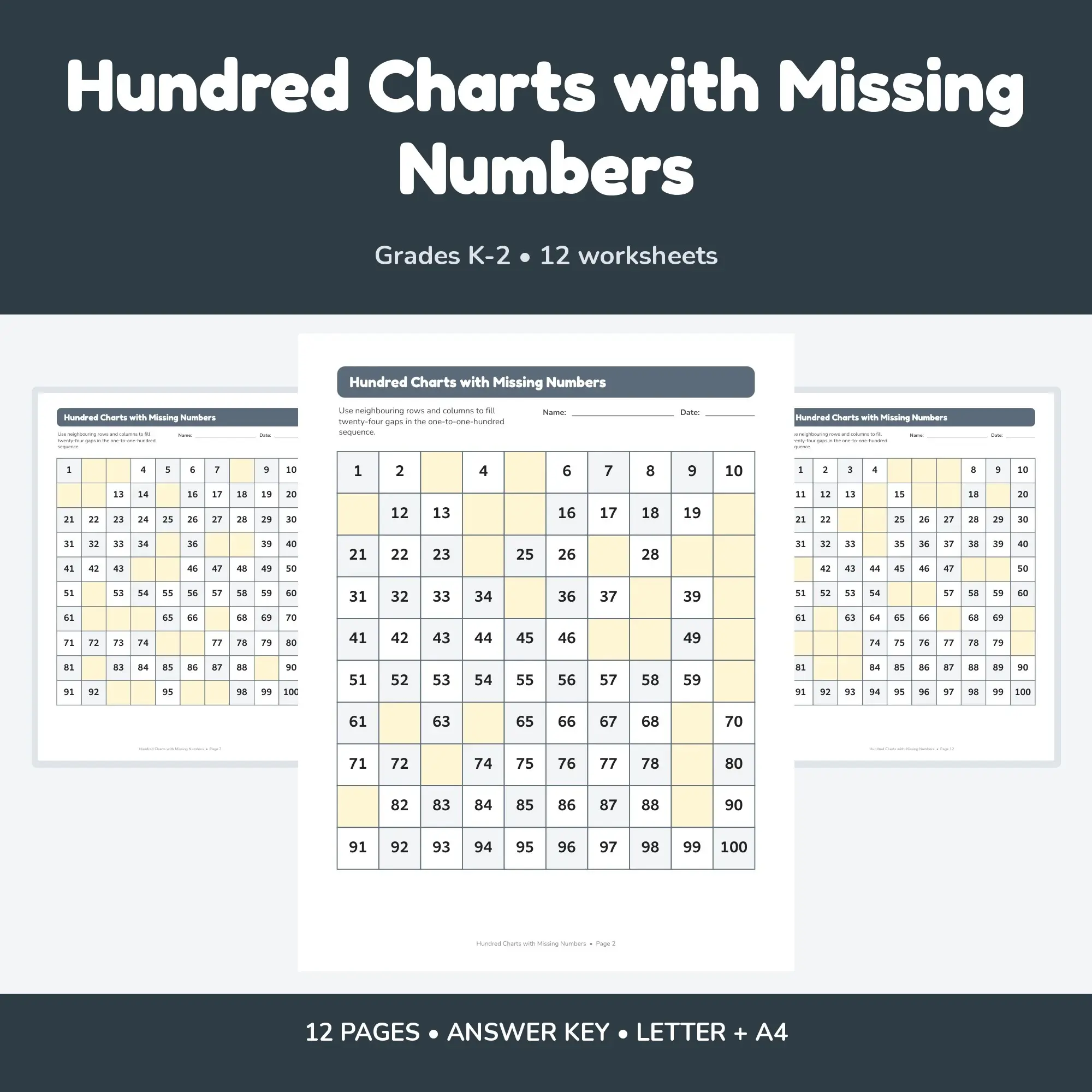 Hundred Charts with Missing Numbers - 12 Worksheets + Key preview