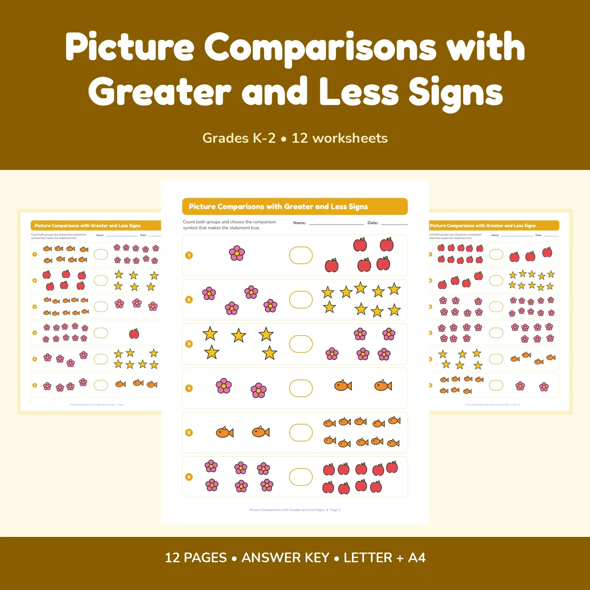 Picture Comparisons with Greater and Less Signs - 12 Worksheets + Key preview