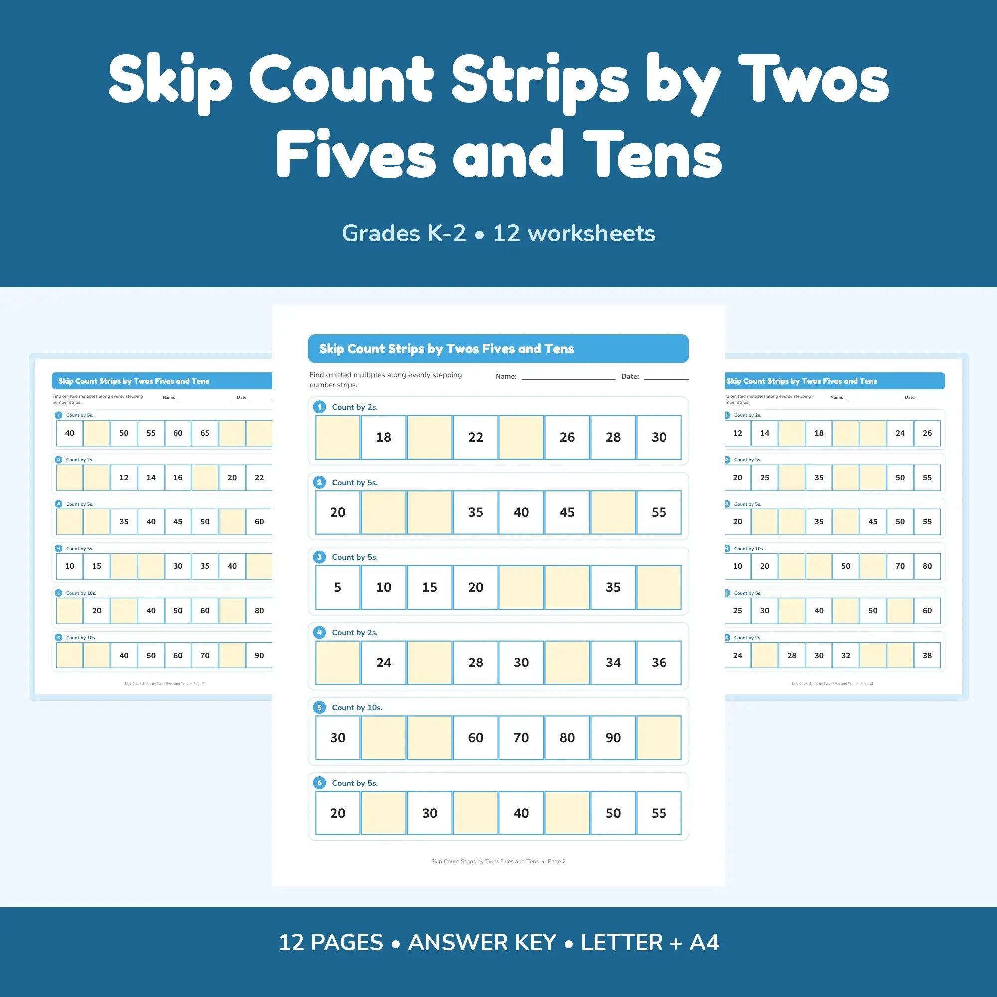 Skip Count Strips by Twos Fives and Tens - 12 Worksheets + Key preview