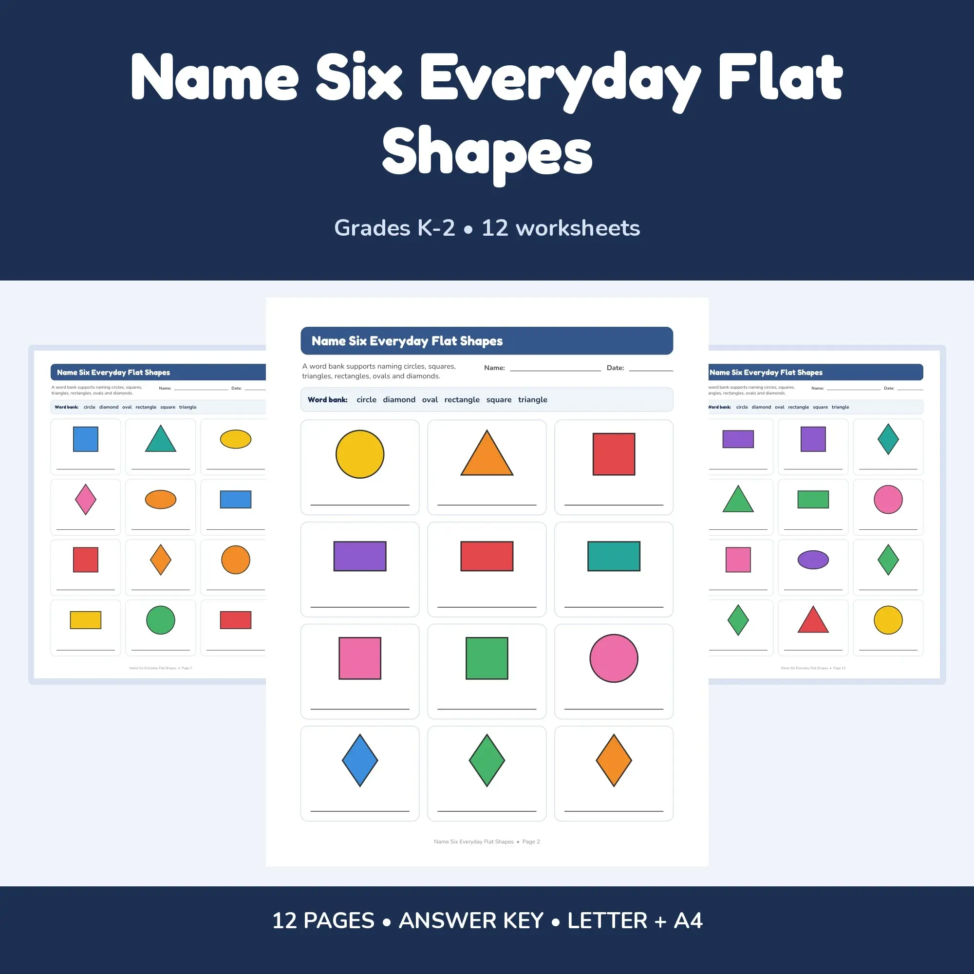 Name Six Everyday Flat Shapes - 12 Worksheets + Key preview
